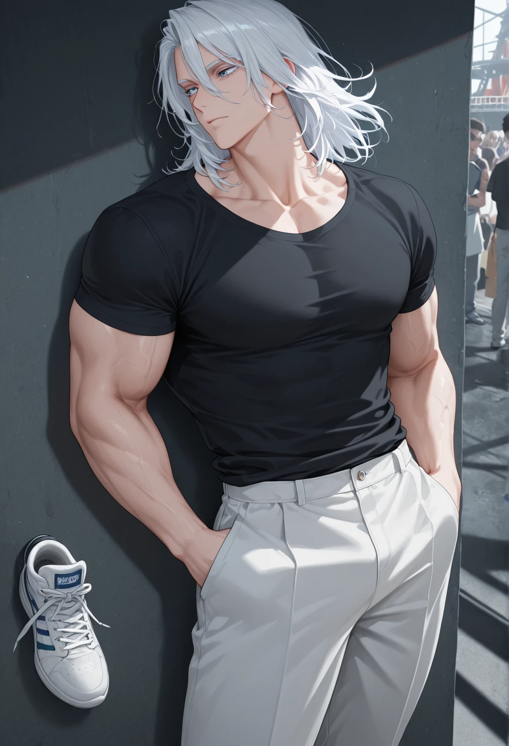 (original) , (very detailed wallpaper) , (Best quality) , (masterpiece) , photographic reality, realistic, very detailed illustrations , Beautiful eyes, perfect detail, (better lighting) , (super intricate details) , ultra detailed, , when,, 4K unified, (Super detailed computer graphics: 1.2) , (8 k: 1.2) , drawn ,soft hands, man levitates in the sky, white wide leg pants, black tight T-shirt, Detailed face, Blue eyes, White hair, muscular body, (Detailed anatomy), clear muscles, Anime, Satoru Gojo, city in the background, red ball over hand, against the backdrop of Tokyo, energy ball over hand.