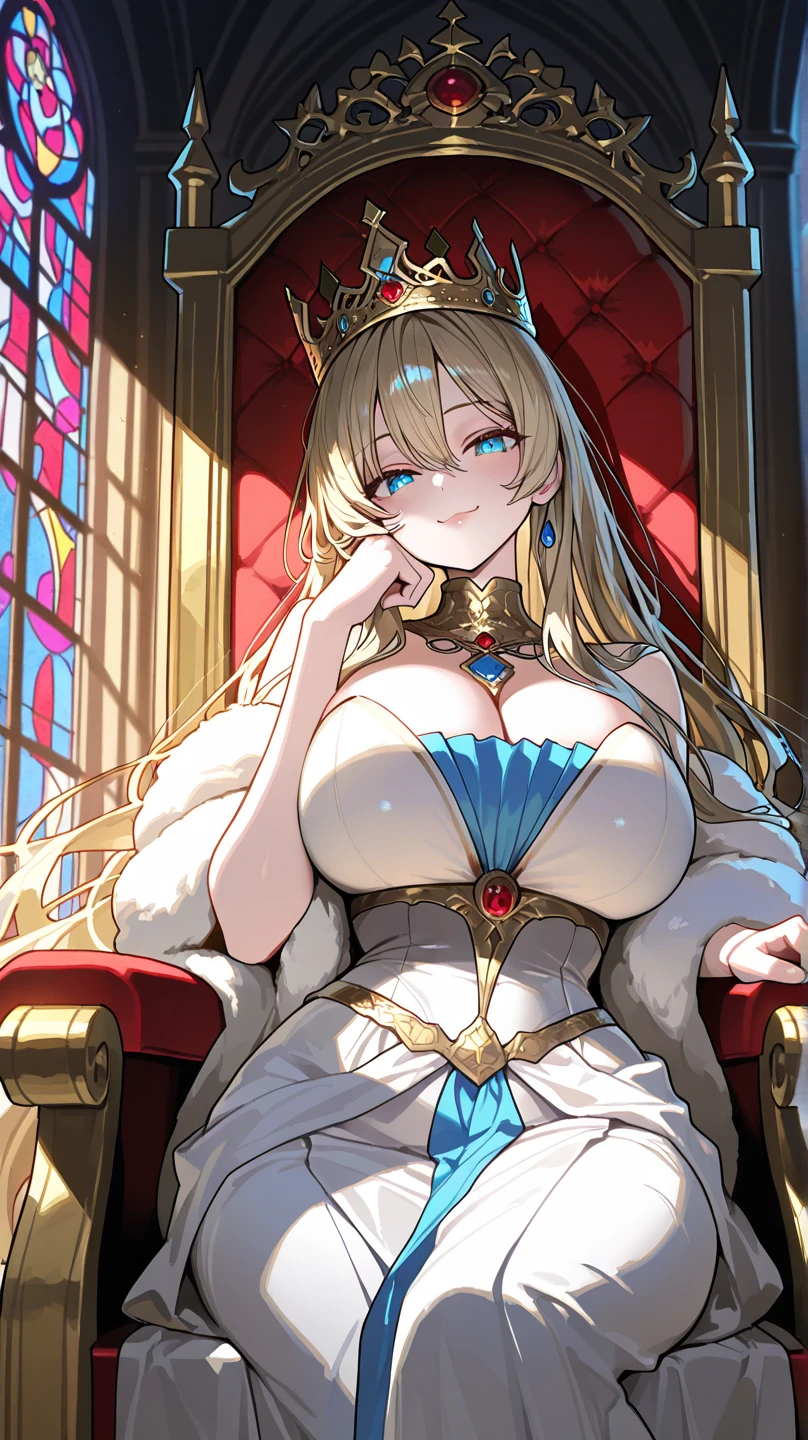 Cristalina, 20 years old, long blonde hair, light lilac eyes, huge breasts, open white dress, touching her breasts with her crystal scepter, sitting on her throne waiting for the celestial being to come to her temple to bring her her next merchandise..hentai