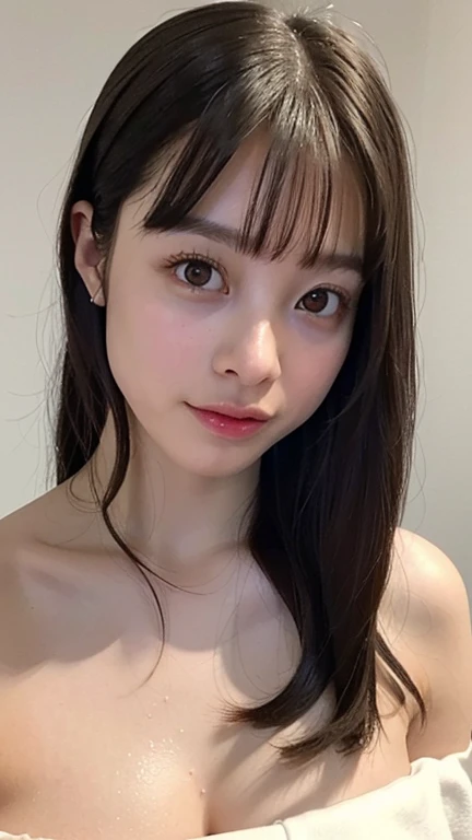 bright表情、Photorealistic Stick:1.32、Highest quality、Ultra-high resolution、Photos of the most beautiful Japan girls、Cute and beautiful details、Small face、(Facing the children_v1:0.008)、美しいbangs、19 years old、Glowing White Skin、Hair gets tangled in the face、顔まで伸びるbangs、bangs、Hair betweehe eyes、超Long Hair、Attractive brown silky hair、bright、Clear light blue eyes sparkle charmingly、Ample breasts、Index finger on chin pose、Pink Lipstick、Highest quality、((The cutest girl in the world))、19 years oldの女の子、Sitting on the bed、((Wearing loungewear:1.3))、(Long Hair:1.3)、(Nice and cute、An innocent smile、nice smile、Uneven breasts、(Small breasts:1.3)、Black Hair、Narrow waist、Beautiful eyes in every detail、Selfie、Upper Body、Face close-up、Front view、