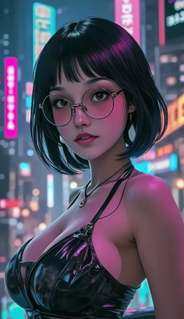 Highest quality、masterpiece、One girl、Neon Town、Round glasses、short hair、Ecstasy face、Big Breasts、Ahegao、Sweaty、Pusher