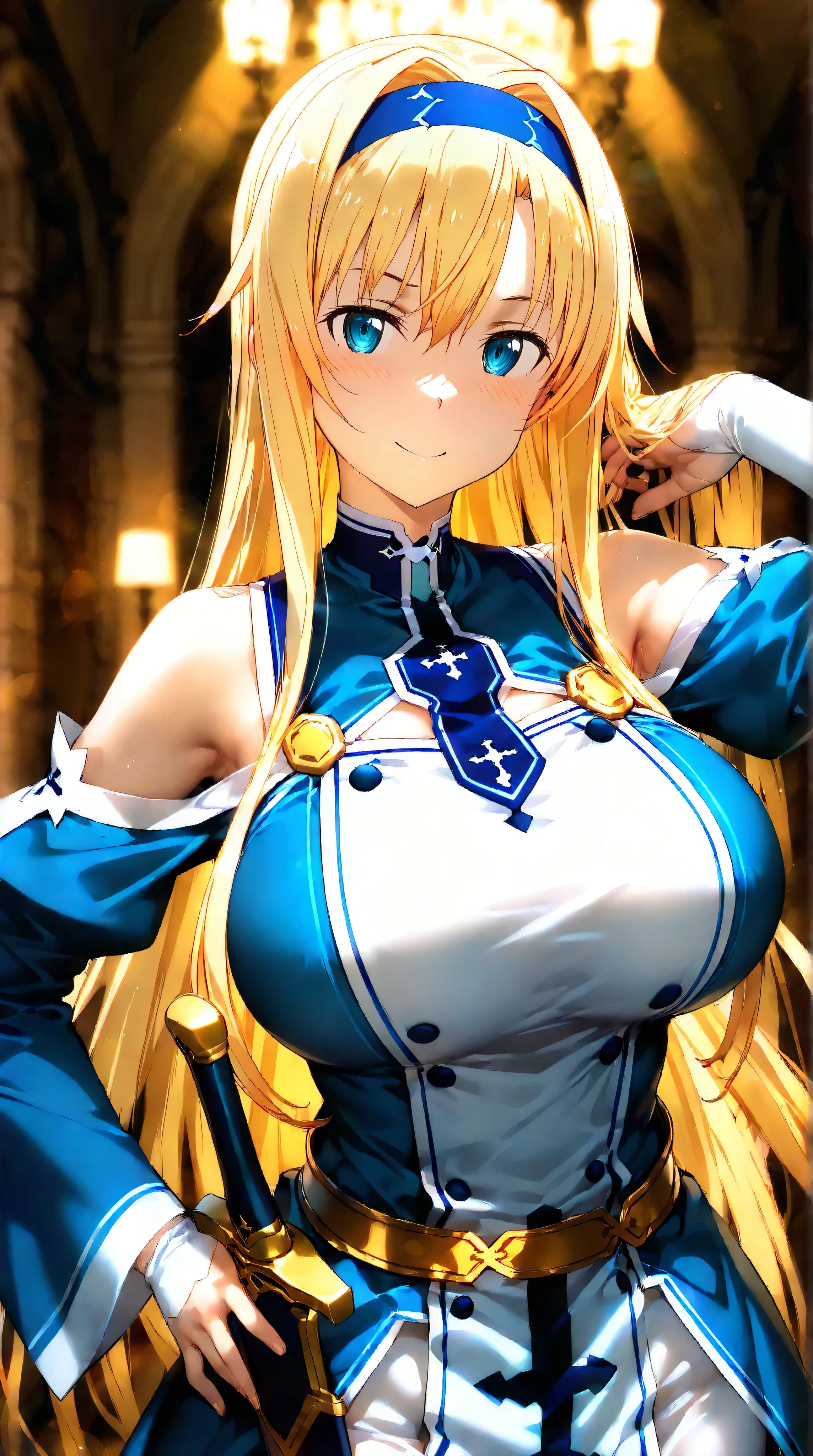 roxy hart,(large breasts:1.5),(shiny,hair),((solo)),((masterpiece)),((best quality)),perfect anatomy,slim waist,perfect image,8k UHD,(beautiful detailed eyes:1.5),extremely detailed face,standing,(upper body:1.3),(look at the front:1.5),arms behindback,ultra-detailed,absurdres,dress,indoor room,smile,blonde hair,(light blue eyes),sleeveless,