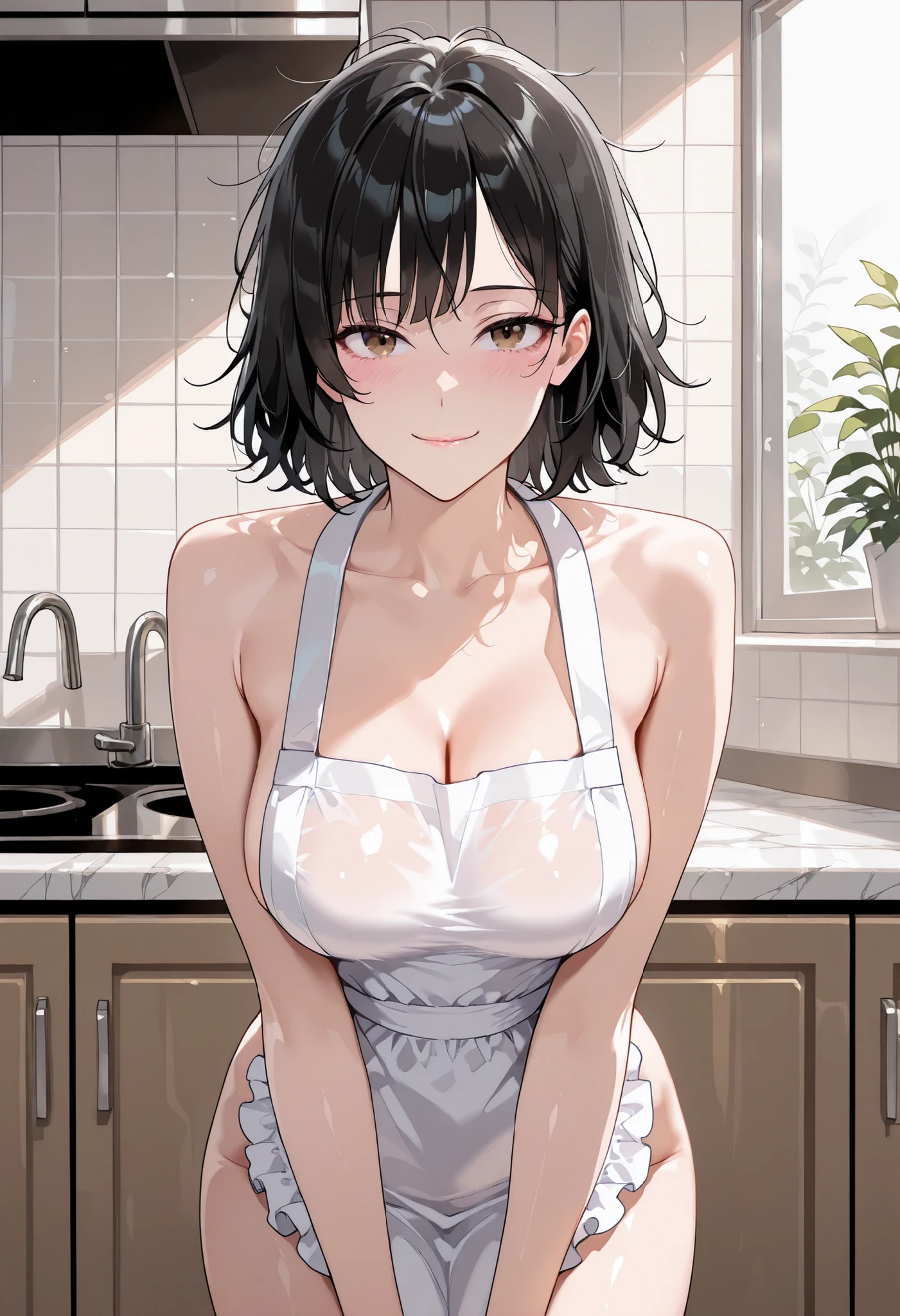 high res image, Beautiful girl with slim body, (masterpiece, detailed:1.2), (1girl:1.4), (black hair, short hair, messy hair, long side bangs), (dynamic poses), looking at viewer, (blushed, light smile), (brown eyes, detail eyes), Beautiful eyes, (average breasts:1.3), (slender body), (beautiful detailed face, beautiful detailed eyes), ((white naked apron)), (kitchen), ((cowboy shot:1.3)), seductive, lustrous skin, lustful skin, erotic skin