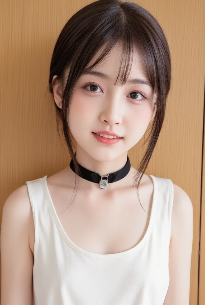 triangle-bikini,(open mouth:1.5),(tongue out:2),Chair,sit,Hands between legs,Collar with leash,front view,from above,cowboy shot,(1girl,Beautiful 14 year old girl,teenager),((Slender,Small breasts,Small face,)),(looking at viewer),Black Hair,bangs,straight,Beautiful and detailed,Poolside