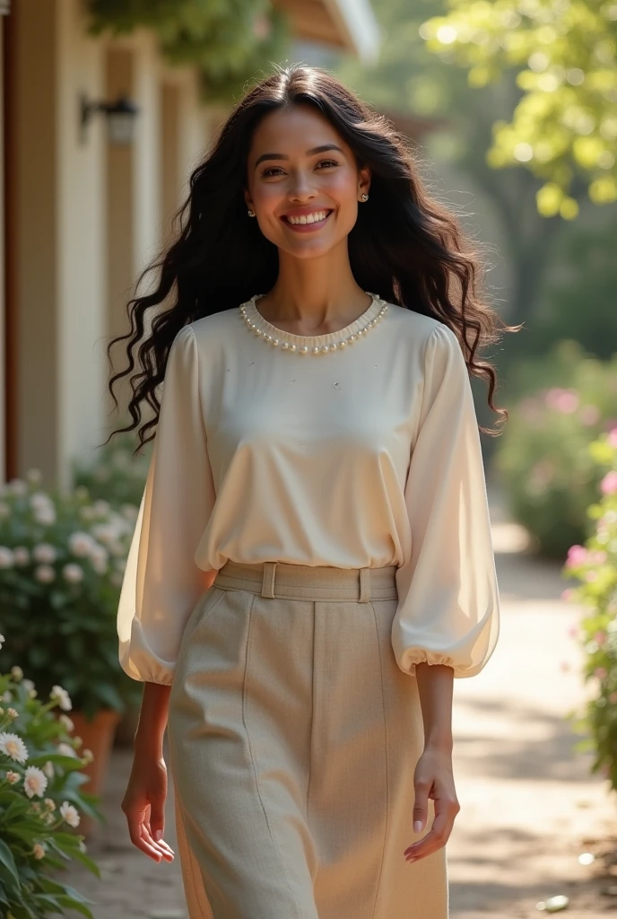 her name is Yasmin Fatima, high quality, ((mature)), ((white pale skin)), 1girl, ((30-year-old fit Swiss woman)), ((30 years old)), ((fit)), ((brunette)), pose: standing, wearing stylish (((light-yellow blouse and jeans))), BACKGROUND: carousels, ugly smiling, standing, cranky hair