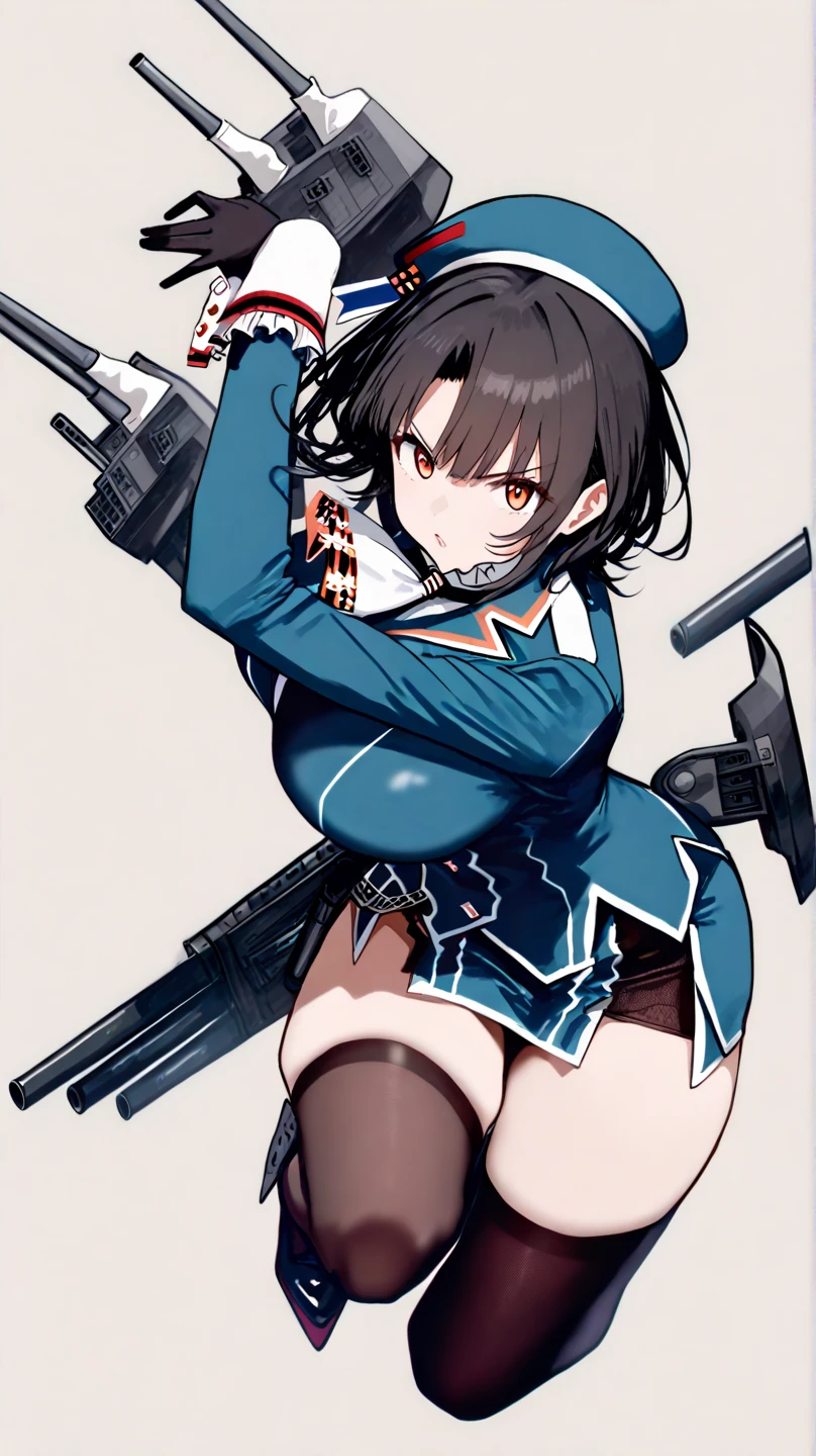 best quality, masterpiece, highres, solo, {baltimore_azurlane:1.15}, short_hair, bangs, brown_hair, yellow_eyes, braid, breasts, large_breasts, hair_between_eyes, blush, ahoge, french_braid, collarbone, smile, cleavage, sidelocks, 1girl, bikini, blue_bikini, blue_headwear, blue_jacket, choker, cropped_jacket, hat, highleg, highleg_bikini, jacket, looking_at_viewer, navel, official_alternate_costume, peaked_cap, race_queen, stomach, swimsuit, underboob, black_bikini, blue_thighhighs, flag, holding, holding_flag, mismatched_bikini, open_jacket, pole, skindentation, thighhighs, underbust, micro_shorts, open_clothes, shorts, thighs, black_gloves, blue_shorts, chest_harness, cowboy_shot, gloves, harness, single_glove