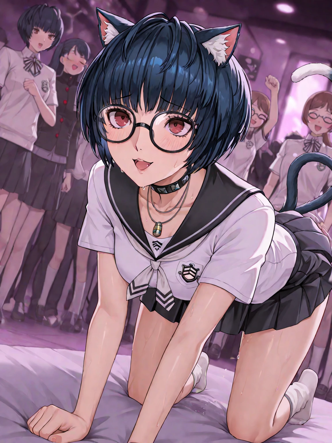 nsfw,(super fine illustration,8K CG wallpaper,best quality,extremely detailed,ultra high res,best aesthetic),(cowboy shot,from front),idolmaster, {{{haruna Kamijo}}}, (20yo, beautiful girl), (beautiful brown eyes),((((beautiful black hair)))), ((short hair)), (((bule rim glasses))), (wet hair), (wet skin), ((sweat)), ((steam)), (flat chests,midium breasts), (tall), (slender), (((bule cyber suit))), (((see-through)),((open clothes)), ((pubic black hair:1.5)), (((on stage))), ((((spread legs)))),((spread pussy:1.5)),(open mouths), (a big smile), ((stick out tongue)),(feel good), (one eye closed),((do a peace sign)),((((headset)))),(bukkake, cum on body:1.5),(bukkake, cum on face:1.1),((bukkake, cum on hair:1.2),(ecstacy),((((sex,cowgirl,pov)))),((cum shot)),buck monitor,