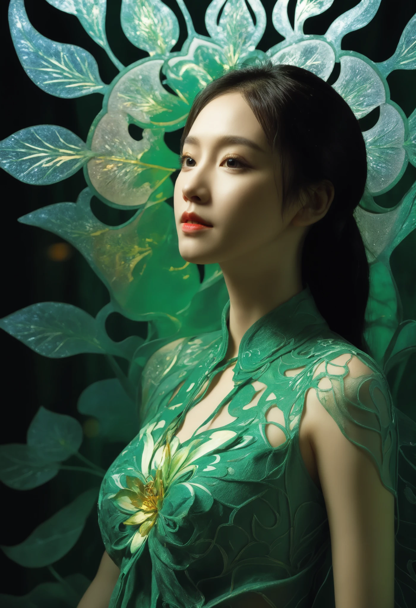 (1 girl:1.3),(lotus), (whole body:1.2),そして巨大な胸は超のシーンに映画のような雰囲気を加えます,hell_lady, correct,fantasy,anatomically correct, BREAK Sun exposure, reverberation, Experimental photography, surreal contrast, Eye-catching visuals, Artistic abstraction, Break the art of cutting, layered silhouette, complex patterns, exquisite craftsmanship, shadow play, Depth and size, creative expression, break art, Frozen sculpture, translucent forms, short-lived beauty, Crystal structure, exquisite craftsmanship, impressive, break green eye,body glow,Glowing lines,fluorescence,glow example,Example tracking,flash,Fluorescent particles,Backlight,Translucent,light particles,Motion blurred,movie lighting effects,fractal background, /I 一些牡丹花排列在红色背景上,菲尔科赫风格,水滴,浪漫场景,颗粒状,重复