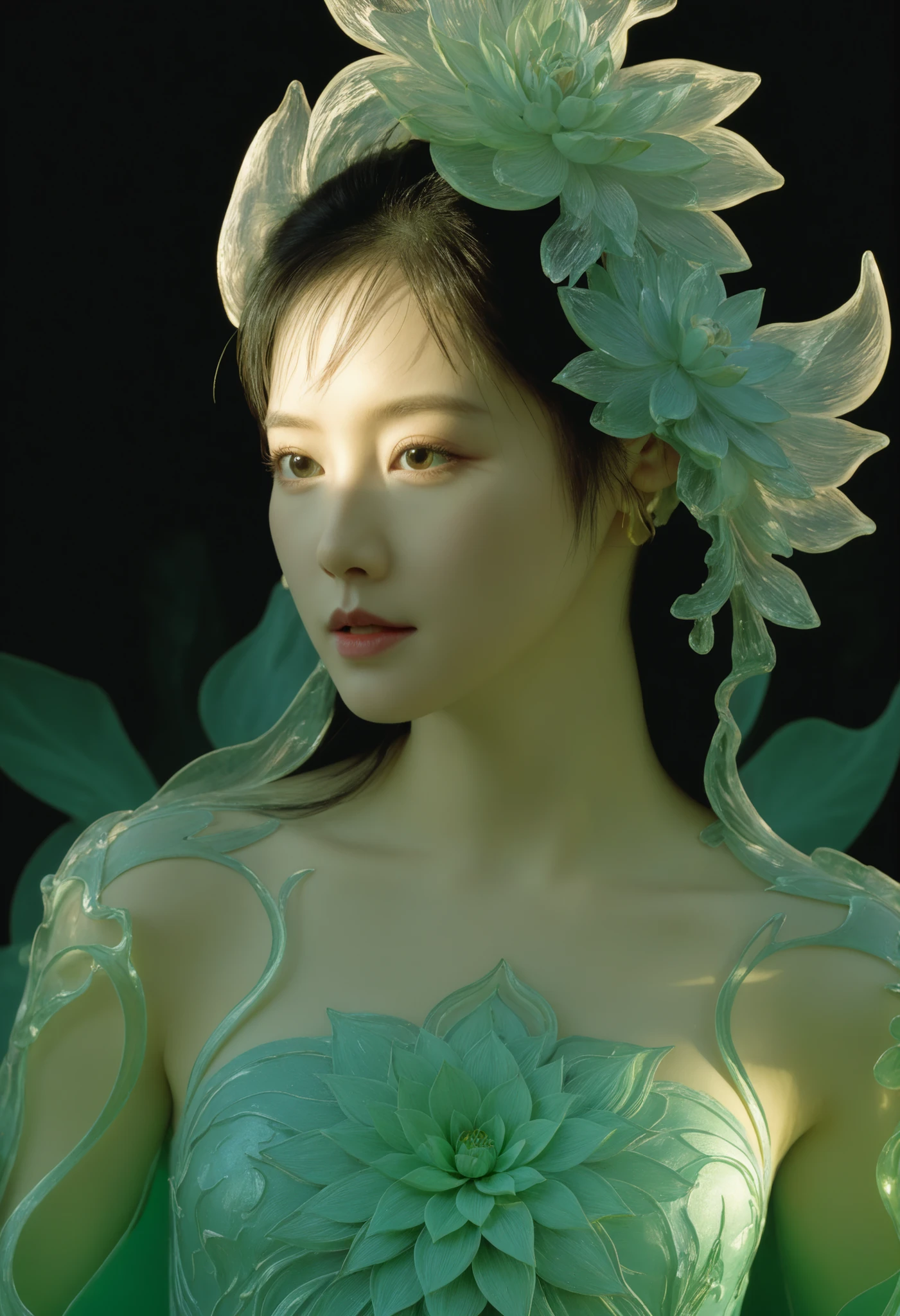 (1 girl:1.3),(lotus), (whole body:1.2),そして巨大な胸は超Big Breastsのシーンに映画のような雰囲気を加えます,hell_lady, anatomy correct,fantasy,anatomically correct, BREAK Sun exposure, reverberation, Experimental photography, surreal contrast, Eye-catching visuals, Artistic abstraction, Break the art of cutting, layered silhouette, complex patterns, exquisite craftsmanship, shadow play, Depth and size, creative expression, break art, Frozen sculpture, translucent forms, short-lived beauty, Crystal structure, exquisite craftsmanship, impressive, break green eye,body glow,Glowing lines,fluorescence,glow example,Example tracking,flash,Fluorescent particles,Backlight,Translucent,light particles,Motion blurred,movie lighting effects,fractal background, /I 一些牡丹花排列在红色背景上,菲尔科赫风格,水滴,浪漫场景,颗粒状,重复