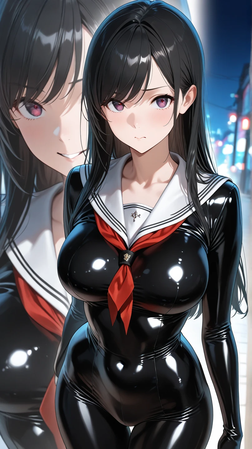 (8k、Best image quality、highest quality、masterpiece)、Detailed face、One girl、Black Hair、twintails、Grey Eyes、evil smile、((Grin))、Small breasts、((serafuku))、No sleeve、((Black leotard))、Black Pantyhose、Cowboy Shot、Bar Background
