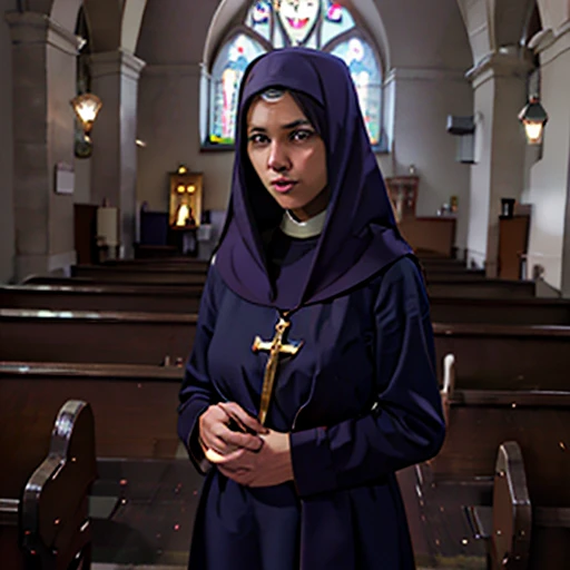beautiful woman wearing a hijab was baptism by a Christian priest in a church and became a Christian religion