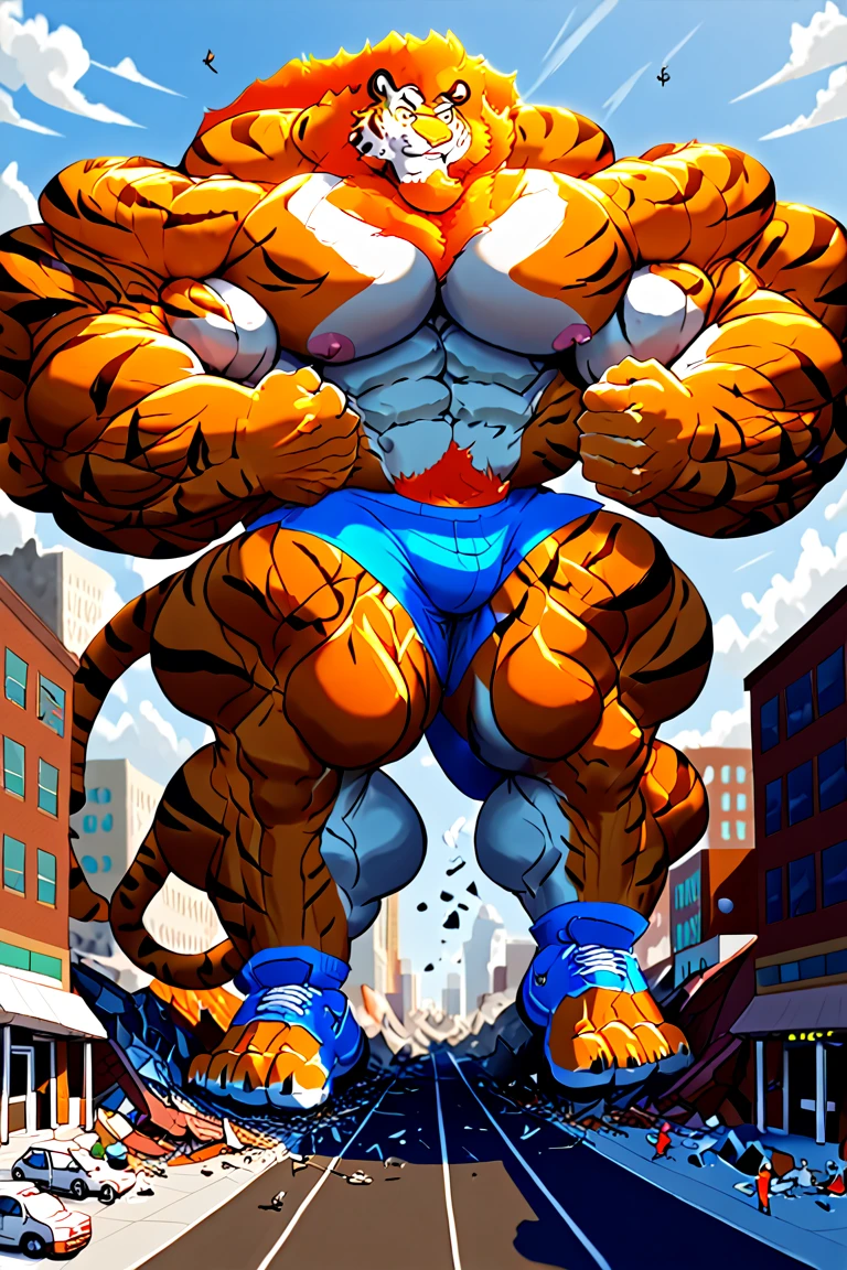 bright red colored bara shark, white countershade, red skin, large hairy pecs, strong physique, tribal tattoos, scarlet samurai hair in ponytail, cyan colored eyes, black sclera, very muscular, perfect anatomy, scars on body, full body view in frame, nipple piercings, solo, masterpiece, sexy pose, manly pose, beard, strong jaw, thick thighs, giant biceps, huge hairy pecs, muscular, smirking, smug expression, shark tail, from above perspective, flexing muscles, kaiju, hands behind head, macro, tall, incredibly huge, insane height, height difference, in tiny city, laying down, on back,perspective shot, using perspective, relaxing, from above perspective, correct perspective, intense height, very small city, perfect framing, cinematic shot, cinematic framing, wearing thong, grin, amazing shading, full body, detailed hands, detailed eyes, detailed face, detailed arms,anthro, muscular, abs, (detailed:1.5), male, detailed background, by koji_shinkawa, by darkgem, by meesh, by sligarthetiger,