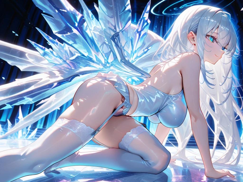 <lora:crystallineai_v10:0.91> crystallineAI, egg_laying, (crystal_egg:1.3), squatting, bottomless, from_behind, <lora:eggLaying_v10:0.81>, (masterpiece:1.3), (best_quality:1.3), (ultra_detailed:1.3), 8k, extremely_clear, realism, (ultrarealistic:1.3),, seductive_smile,, 1girl, solo, wide_shot,