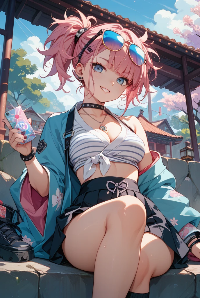 two-dimensional, masterpiece, best quality, japanese manga, Very detailed, 1 girl, alone, cowboy shooting, Nino Nakano, pink hair, butterfly hair accessories, crop top , , Denim shorts , medium breasts, eternal, School, outdoor, Smile,(huge breasts:1.2),wet skin