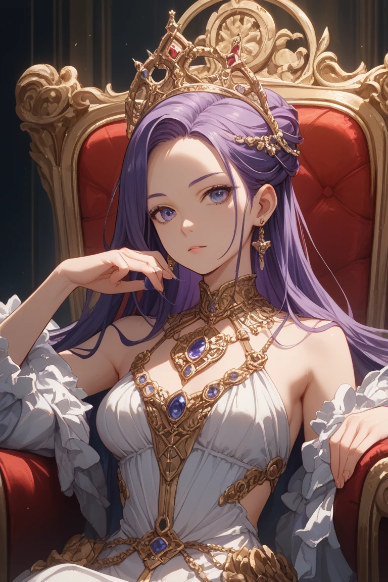 una mujer hablando conla boca abierta anime: style illustration of a woman sitting on a luxurious sofa in a luxurious room of a palace in the background they look beautiful hallways of the Arab palace the woman has purple hair
