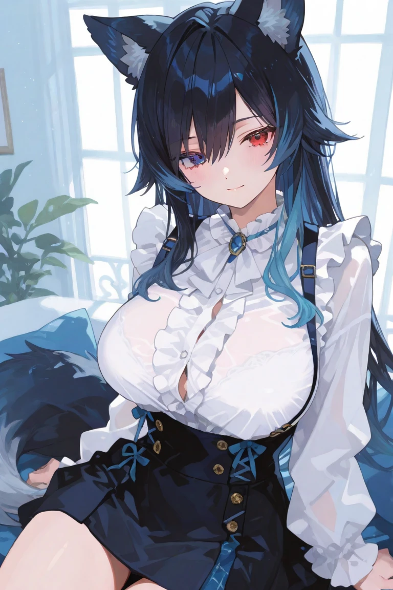 Girl, cat, long blue hair, cute, no clothes, big breasts, big thighs, medium waist, sexy, (NSWF:1.3), detailed