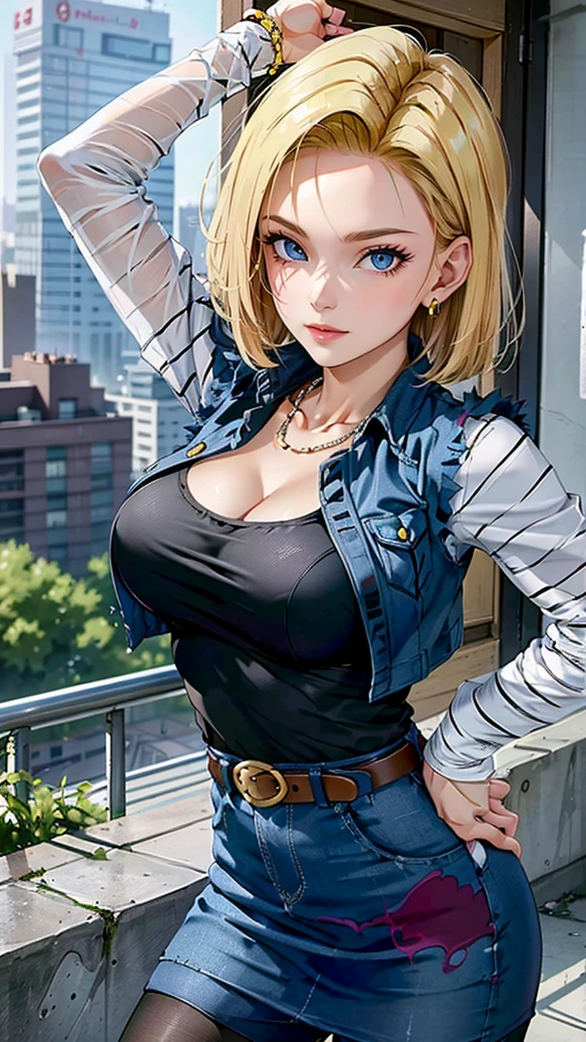 android 18, android 18, blonde hair, blue eyes, eyelash, hoop earrings, short hair, earrings, break belt, black legwear, black shirt, breast pocket, cleavage, clavicle, denim, denim skirt, high-waist skirt, jewelry, long sleeve, pocket, shirt, shirt tucked in, skirt, striped, striped sleeves, waistcoat,, break outdoors, city, null, cloud, sun, break looking at viewer, (cowboy shot:1.5), break (masterpiece:1.2), highest quality, High resolution, unity 8k wallpaper, (shape:0.8), (beautiful and detailed eyes:1.6), highly detailed face, perfect lighting, Very detailed CG, (perfect hands, perfect anatomy), panty, peep panties, wet panties, peeping bra, blush nose, sfw, panties,