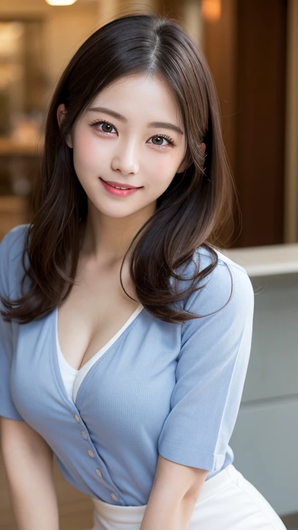 (A very cute 20 year old young woman from Japan),  ((delicate hair between brown and blonde)), ((messy side wave short hair)),medium bust size､small breasts､ (((Clean hands)))，(curly hair)，(((very kind smile))), (((she wears black lace panties)))，(((Wearing a super short light blue knit dress)))，(((I&#39;m wearing a light blue knit dress。))) ((top quality, 16K, table top: 1.3)), light shines on your face, highly detailed face, highly detailed lips, fine eyes, city street，angle from below:1.5，Holding nothing in the hands、