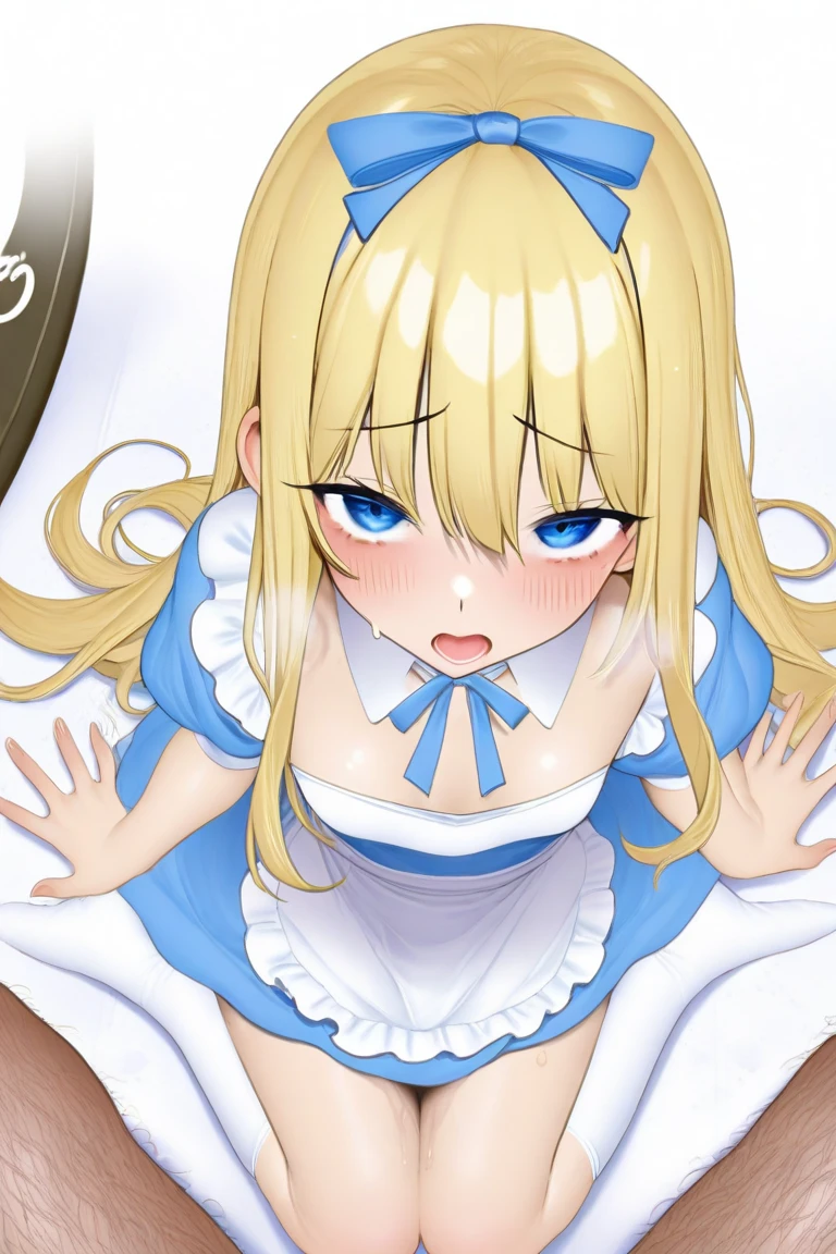 eqlc, 1girl, long hair, solo, strapless dress, skirt lift, white panties, blonde hair, crown, blue eyes, hairband, looking at viewer, white gloves, small breasts, flat chest, covered navel, bow, black hairband, detached sleeves, bangs, mini crown, detached collar, a surprised face, , open mouth, facing viewer, looking at viewer, nose blush, blush, in the bedroom, on the bed, lie down, lying, hands up