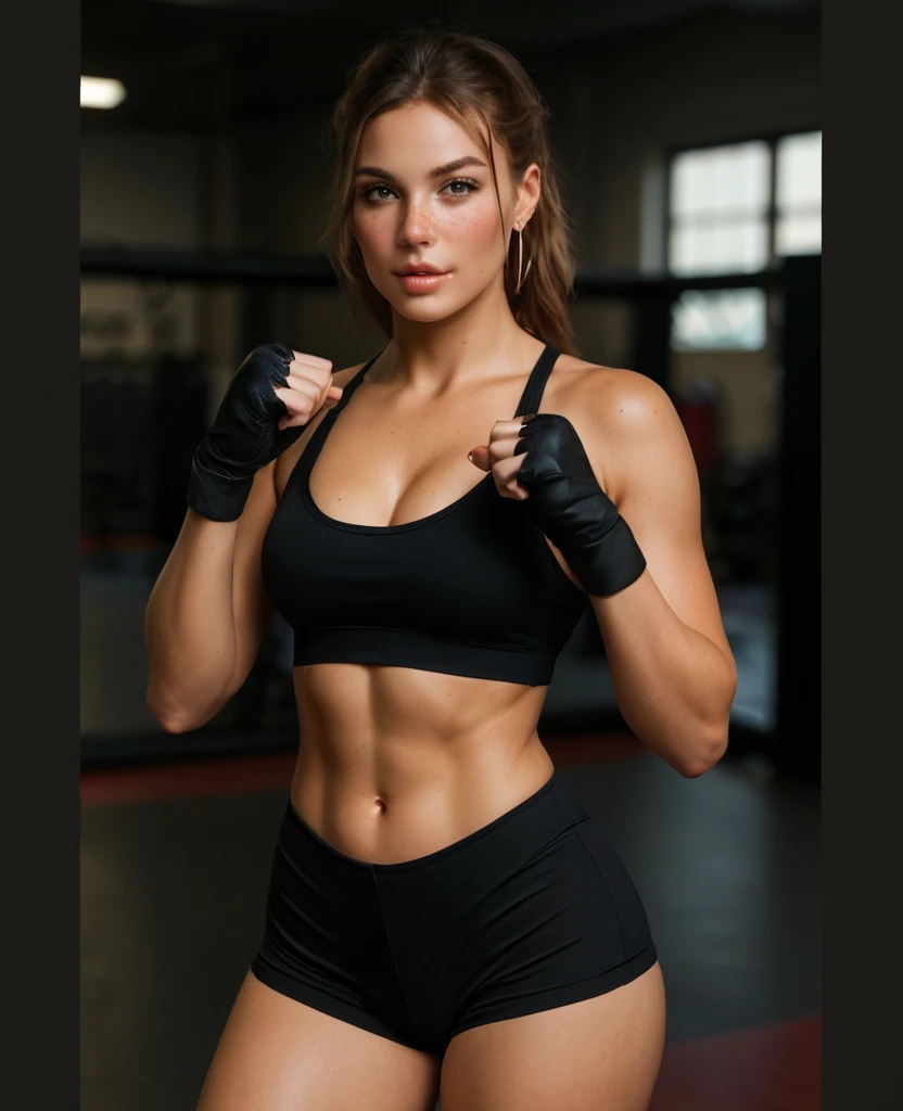 (Glamour photograph of one a 18 year old European woman), (white skimpy lingerie, MMA gloves), (add_detail:1), (muscles:1.2), (MMA pose:1.4), (background inside light, bright, private gym:1.1), (8k, uhd, dslr, high quality, cinematic lighting, bokeh), (dramatic, award winning photography, incredible masterpiece:1.3), (((she looks like she just beat up a man in a brutal fight:1.4))),