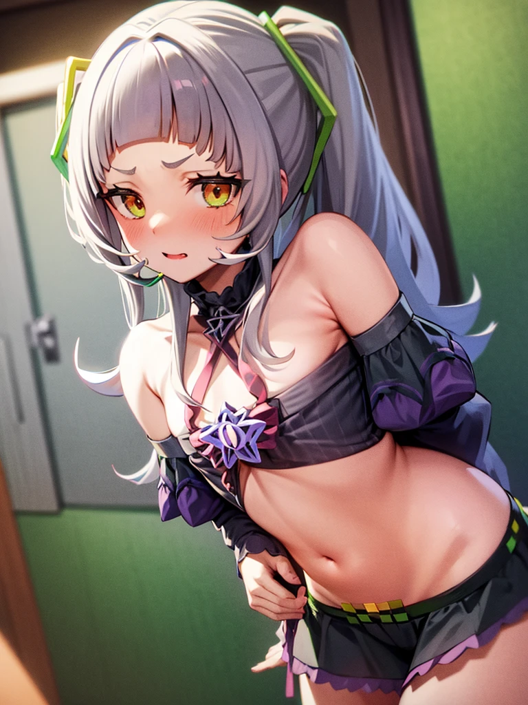 masutepiece, Mitsurikan Log, mitsuri kanroji, braid, Gradient Hair, (Green eyes:1.5), Green hair, Long hair, Mole, Mole under the eyes, multicolored hair, Pink hair, Twin braids, Two-tone hair, Brake belt, Black skirt, cleavage, haori, BREAK looking at viewer, Break indoors, BREAK (masutepiece:1.2), Best Quality, High resolution, Unity 8k壁纸, (Illustration:0.8), (Beautiful detailed eyes:1.6), extra detailed face, Perfect Lighting, extremely details CG, (Perfect hands, Perfect Anatomy),colourful hair, The whole body is reflected, (Off-the-shoulder costumes:1.5), ((chest wide open and exposed)), (Smile), Sitting on a chair, legs crossed, Hands behind the head, Showing the side, Lying on your back on the bed, ((undergarment)),