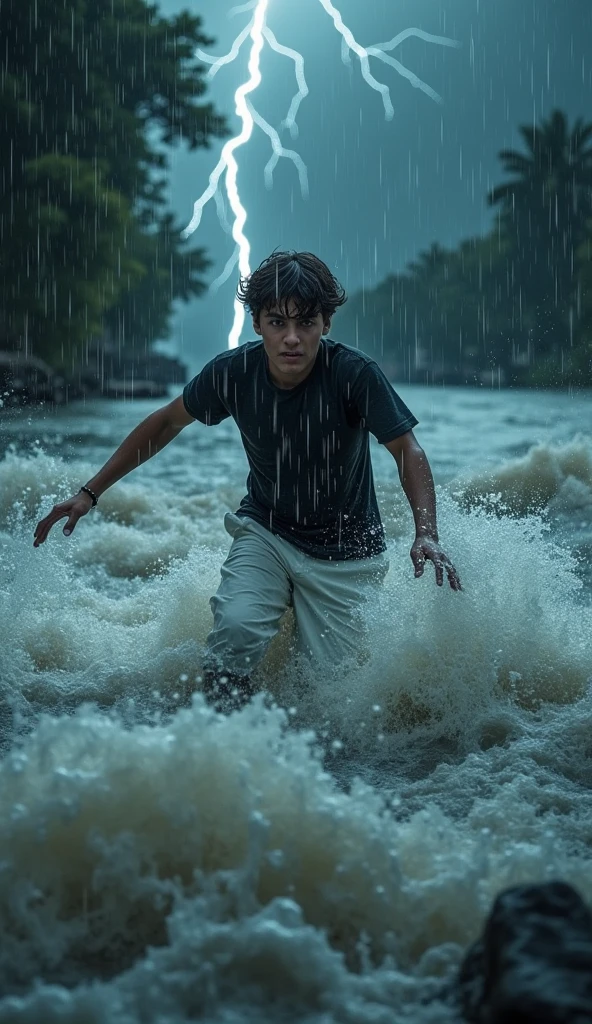 Movie,22yo slim Man fm_shay singing in a musical,torrential downpour rain,rabbit costume,white t-shirt,arms raised in song,seen from above,open mouth,bokeh,cinematic hd 8k highly detailed,at night,colorful,((full sharp, highly detailed skin)),<lora:fm_shay:0.8>,