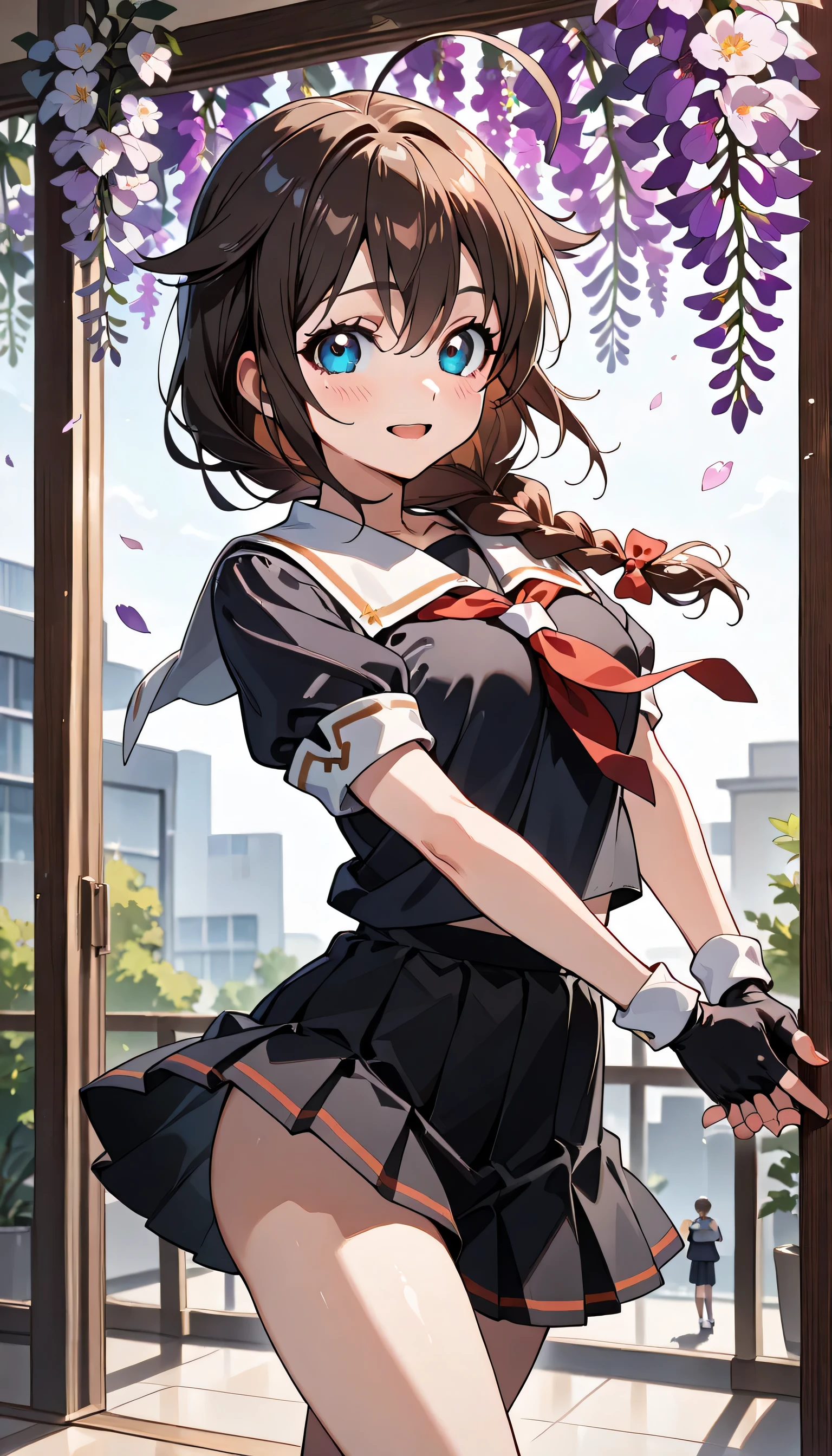 ((ultra-detailed)), (highly detailed CG illustration), (best quality:1.2), ultra-highly detailed, colorful composition, artistic photoshoot, 1girl, solo focus, ((thigh to top:1.3)), ((cowboy shot:1.3)), moe anime character, girl, dainty facial structure, (baby face), (round face), ((rounded chin:1.2)), ((ideal ratio body proportions)), Shigure \(KanColle\), 1 girl, blue eyes, ahogi, hair clips, braids, brown hair, long hair, hair ornament between the eyes, black sailor suit, white sailor collar, red neckerchief, short sleeves, fingerless gloves, black gloves, black skirt, pleated skirt, middle breasts, ((smile)), ((blush:1.3)), ((Walking along the the wisteria flowers:1.3)), ((wisteria flowers petals dancing)), beautiful detailed sky, from front, dynamic pose, contrapposto pose, best quality, expecting, pink cheek, blush, light pink gloss slip, portrait, depth of field, sparkling sunlight, lighting, backlighting, (shine), lighting, caustics, ray tracing, perfect face, lustrous skin, highly detailed face, highly detailed eyes, perfect face, perfect nose, perfect hair, perfect eyes, perfect anatomy, beautiful hair, beautiful small face, extremely detailed face, beautiful detailed eyes, beautiful clavicle, beautiful body, beautiful ample breasts, leavage, breasts squeezed together, equalize the size of the left and right breasts, beautiful thin thighs, beautiful legs, beautiful fingers, ((4 fingers)), 1 thumb, lovely, (very detailed background:1.0), (highly detailed background:1.0), summer aesthetic, intricate details, festival atmosphere, summer colors palette, chromatic aberration