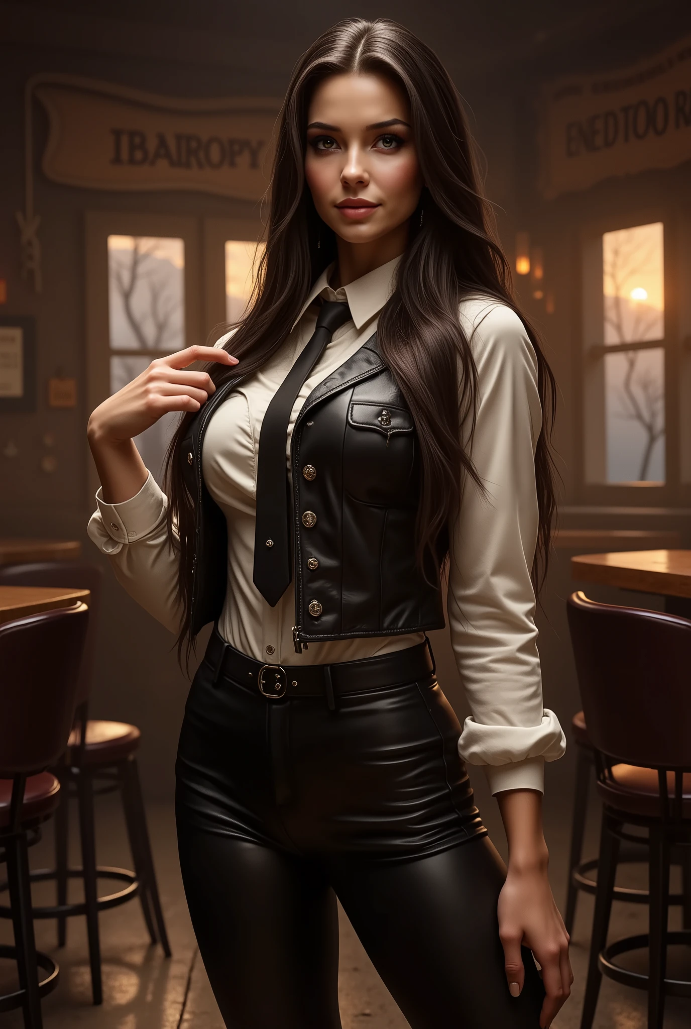 Full body beautiful sexy sensual bombshell sheriff woman black long straight hair, black eyes, big breasts, wide, athletic shoulders, slim waist, long shapely legs, detailed hands, perfect eyes black leather vest, white silk shirt, black leather tie black leather tight pants, black high-heeled leather boots, standing empty wild west pub night twilight dark corners cinematic detailed