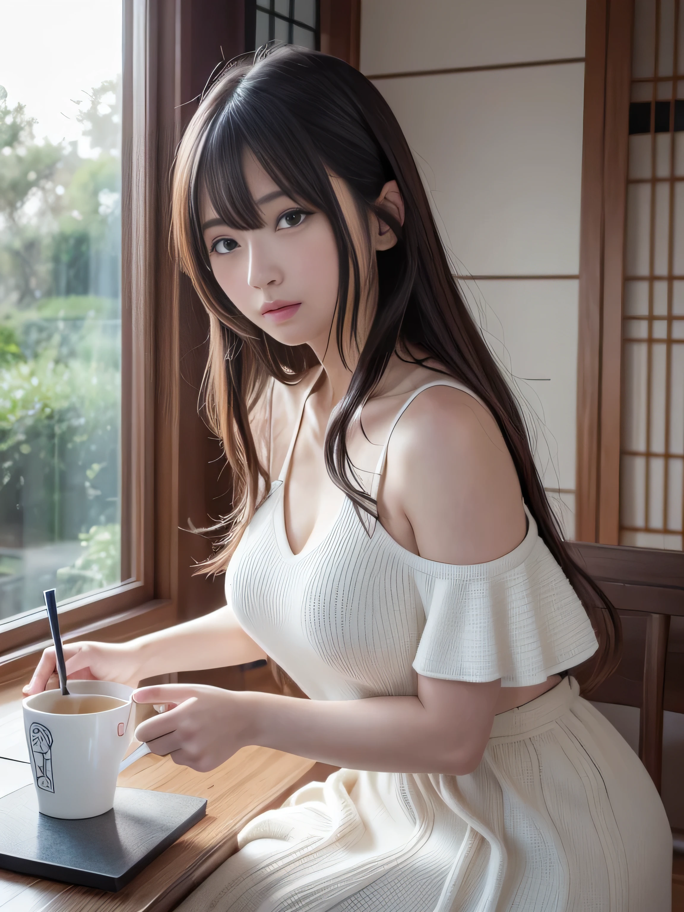 (masterpiece), Very realistic, her cheeks turn red、 Horizontal, drooping eyes、Non-NSFW, (Perfect Anatomy), 8k resolution, wonderful, elegant, Hyperrealism, Approaching perfection, dynamic, Very detailedな, Smooth, 超High resolution, Alchemy Smooth upscaled images ,HD resolution, High Quality Boost, Contrast Boost, Professional alchemy、Oversized camouflage pants、Military Pants、The upper body is a tight white tank top.、Expressionless、美しいJapanese people women、cute、Small breasts、university student、22 years old、Hair tied up、1people、Very beautiful Japanese idol portraits、RAW Photos,Highest quality、Genuine、Very delicate and beautiful,Very detailed,2k wallpaper,wonderful,In detail,Highly detailed CG Unity 8K wallpapers,Very detailed,High resolution,Soft Light,Beautiful detailed,Very detailed eyes and face,Beautiful and sophisticated nose,Beautiful and beautiful eyes,Cinema Lighting,(Simple light color background:1.3)、Complete Anatomy、Slender body、Small breasts、Old Nordic cafe、Lots of houseplants、 Morning sunlight filtering through the trees、Drink coffee、Hair tied up、sit cross-legged on a chair、Concrete wall、((Agave on the table))、美しいJapanese people women、Perfect dynamic composition、Tilt your head、Model body type、 masterpiece、Highest quality、超High resolution、Ultra-high resolution photos、Smooth upscaled images 、HD resolution,、High Quality Boost,、Contrast Boost、Hyperrealism、Super fine、8k、elegant、 1people、Japanese people women、美しいJapanese people women、Ultra detailed face,、Captivating smile、cute、White skin、Fair skinの美しい肌、Brown eyes、Beautiful symmetrical face、Small face、Age 25、Beautiful black hair、 Beautiful small breasts、Skin between genuine people、Perfect figure、Perfect Anatomy's Body Type、whole body photos、Detailed and realistic people bodies、Detailed and realistic skin、Realistic face in every detail、Detailed and realistic eyes、Detailed and realistic lips、Detailed and realistic teeth、Detailed and realistic ears、Detailed and realistic hair、Beautiful Hands、Realistic feet down to the last detail、Realistic breasts down to the last detail、Realistic areola down to the last detail、Realistic nipples down to the last detail、Realistic female genitalia down to the smallest detail、Realistic vagina down to the last detail、Detailed and realistic clitoris、Realistic anus down to the last detail、Thick pubic hair with realistic detail、whole body、whole bodywhite skin、Fair skin、Check and fix the skeleton、Pubic hair is thick、Thick pubic hair、 Completely naked、urination、Pleasant expression、Blushing cheeks and an ecstatic expression, Leaking urine、A sex toy is inserted into the anus、Put your arms behind your back、Open your mouth、 Scandinavian-style cafe、Scandinavian interior、Wooden table、Surrounded by plants、Concrete wall