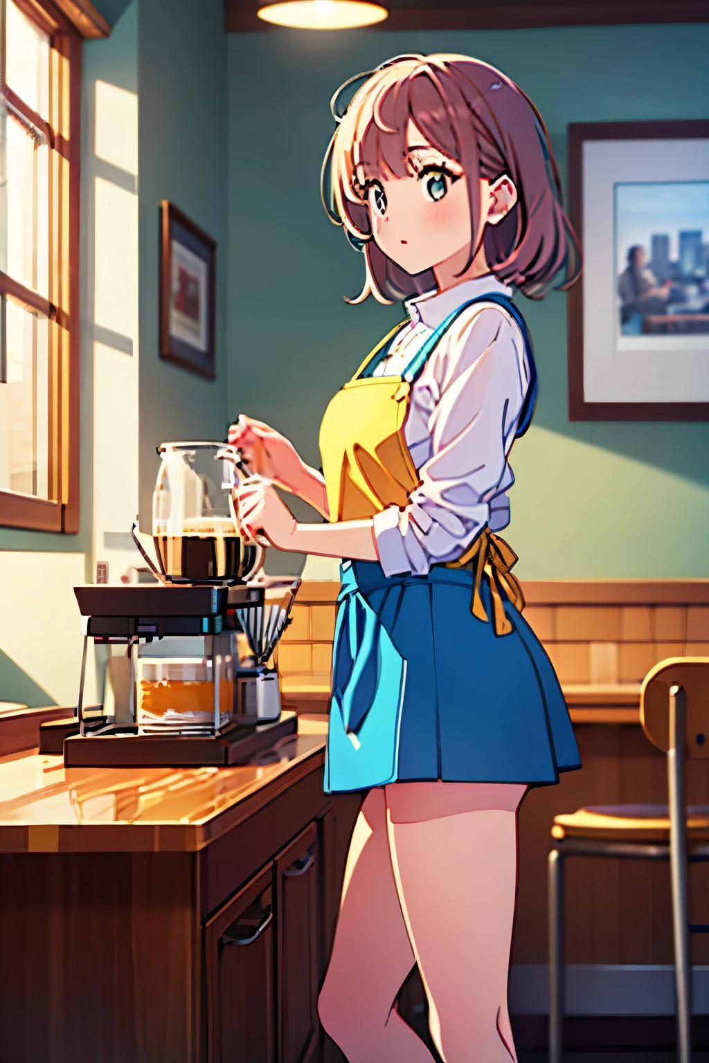 animation、high resolution、high resolution、Woman working in a coffee shop 、miniskirt、early morning、Soft light、retro interior、 beige apron 、