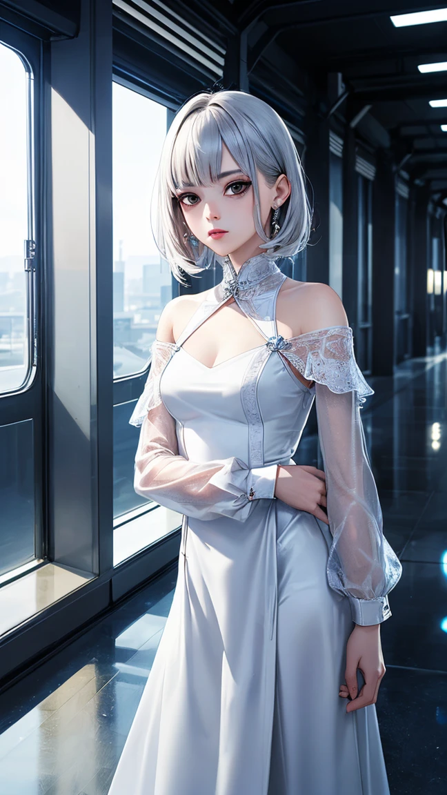(,Street lamp,moon),masterpiece, One woman, Solo Exhibitions, Beautiful woman with small breasts,Beautiful Goddess Portrait, Beautiful and elaborate face, Porcelain-like skin, (((Full Shot,center, night, Black Hair, short hair)), Very soft lighting, Symmetric, complicated, grace, Attention to detail, realism, art, concept art,White clothes