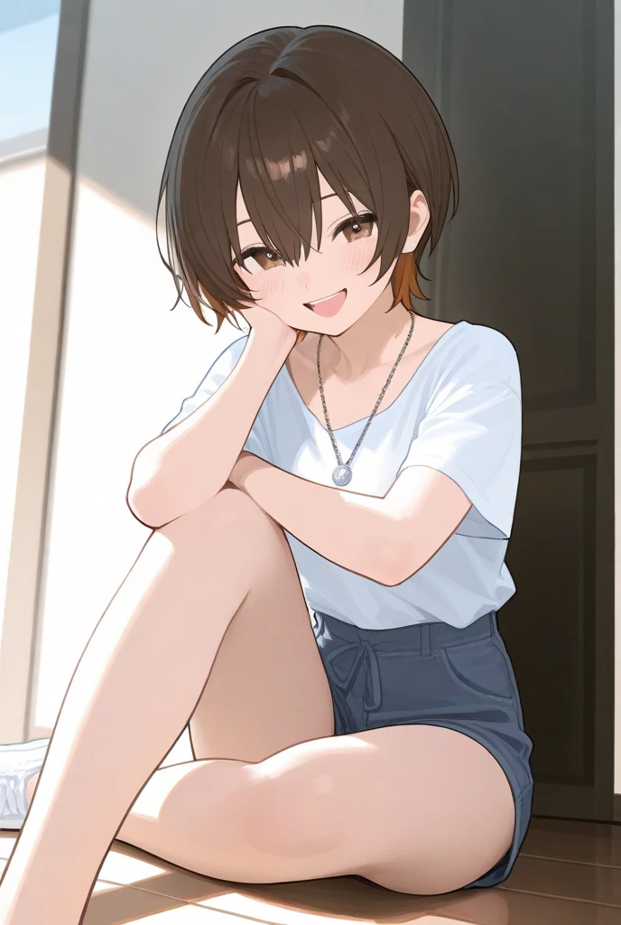 (masterpiece:1.3, top-quality, ultra high res, ultra detailed), (realistic, photorealistic:1.4), beautiful illustration, perfect lighting, natural lighting, colorful, depth of fields, surrealism,
beautiful detailed hair, beautiful detailed face, beautiful detailed eyes, beautiful clavicle, beautiful body, beautiful chest, beautiful thigh, beautiful legs, beautiful fingers, Accurate 5 fingers、
looking at viewer, cowboy shot, Photo from the side、
1 girl, japanese, 25 years old, perfect face, (perfect anatomy, anatomically correct), cute symmetrical face, shiny skin, Glowing Skin、
(short hair, brown hair), hair between eyes, Shining light blue eyes, long eyelash, (medium breasts),
((plain t-shirt:1.6,White panties)), barefoot、midriff peek、
(beautiful scenery), evening, (outdoors),In town、 squatting,
(lovely smile, upper eyes, open mouth small),
