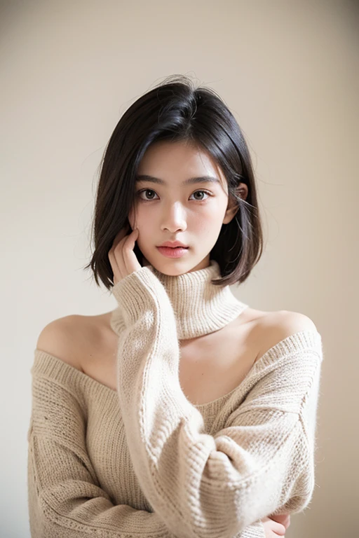 (top-quality、8K、32K、masterpiece、nffsw:1.2)、cute little女性の、large full breasts、very short bobbed hair、The upper part of the body、sface focus、Oversized_Sweaters、a necklace、simple background、From above、looking at the viewers、mix4、(8K、Raw photography、top-quality、masterpiece:1.2)、(realisitic、Photorealsitic:1.37)、1girl in、cute little、profetional lighting、photon maping、physically-based renderingt、Gradient Brunette Hair、short curly hair、a handsome、Girly、superior image quality、hight resolution、1080p、(Clear face)、(Detailed face description)、(Detailed hand description)、(masuter piece)、(Exquisite CG)、 extreme light and shadows、hair messy、masterpiece、lush detail、(Exquisite facial features)、(The highest image quality)、(masterpiece)、(A detailed eye)、Looking forward to your eyes、Delicate collarbones、Poses variadas、dong'don't watch the mela、profile、white walls、Taken in front of the white door、(窓のあるwhite wallsの部屋)、Autumn clothes、Winter clothes、シンプルa necklace、薄い紫色のSweaters