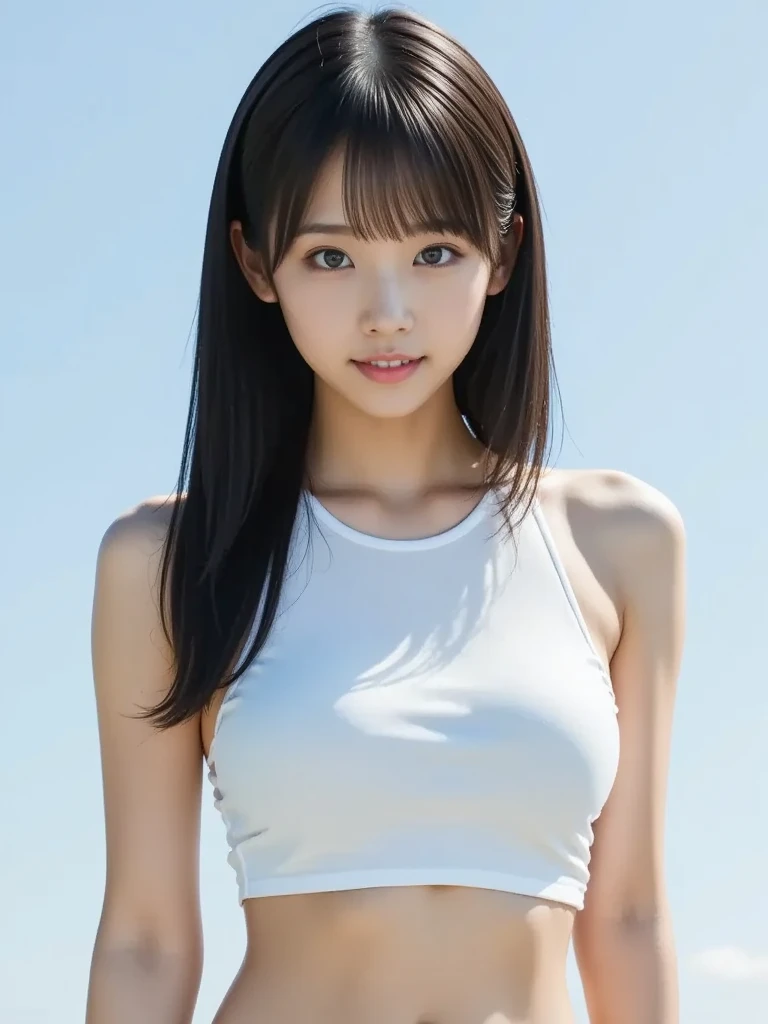 8k,masterpiece,Japanese,9-year-old girl,from the front,smile,cute,Innocent face,Innocent,Kind eyes,Childish,School Swimsuit,semi-long,Hair blowing in the wind,Black Hair,Somewhat strong wind,noon,bright,Sitting,Large Breasts,Breast swelling,Big Ass,Full body details,