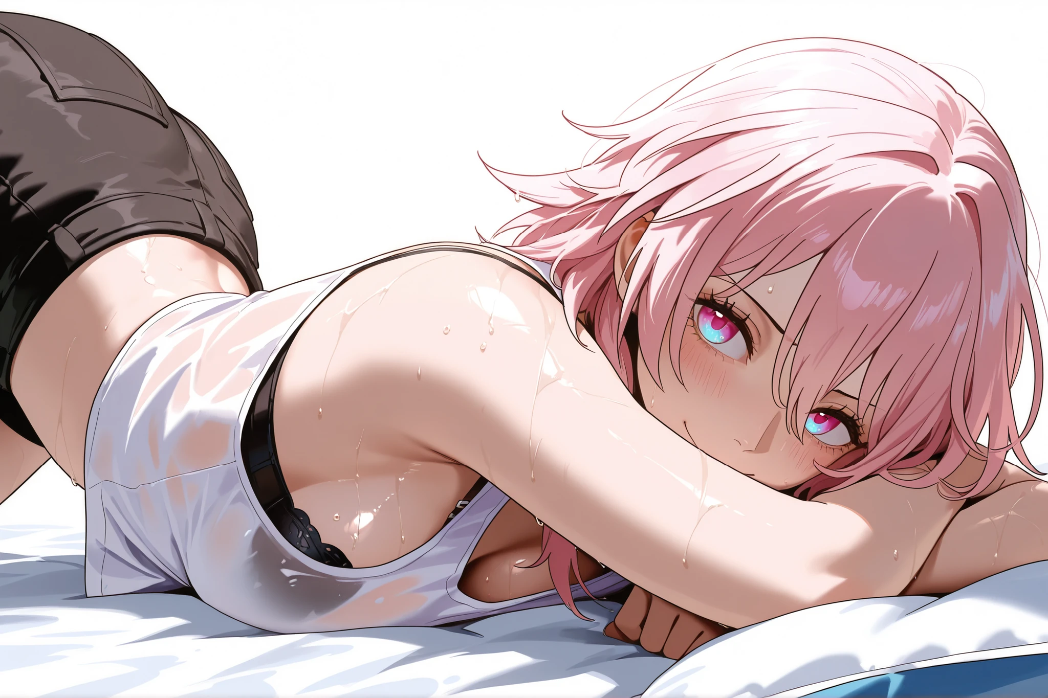 masterpiece, best quality, amazing quality, 1girl, (March 7th, One Piece, Chainsaw man, Honkai Star rail, pink eyes, pink hair), wearing white tank top, wearing black bra, shy Face, close up shot, simple background, medium size , golden ratio face, sexy pose, Pinkish skin tone, smooth and soft skin, shiny skin, lying, lying down, top view, side view, showing, wet body, crowed background, wearing black shorts