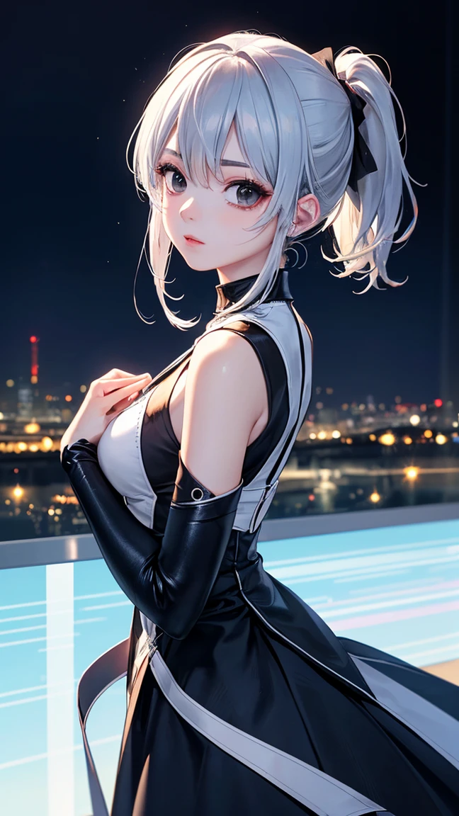 girl、、Bink、leotard、whole body。blue eyes、White Hair、Functional、Seductive pose、front、Looking back diagonally、Night view、Outdoor、