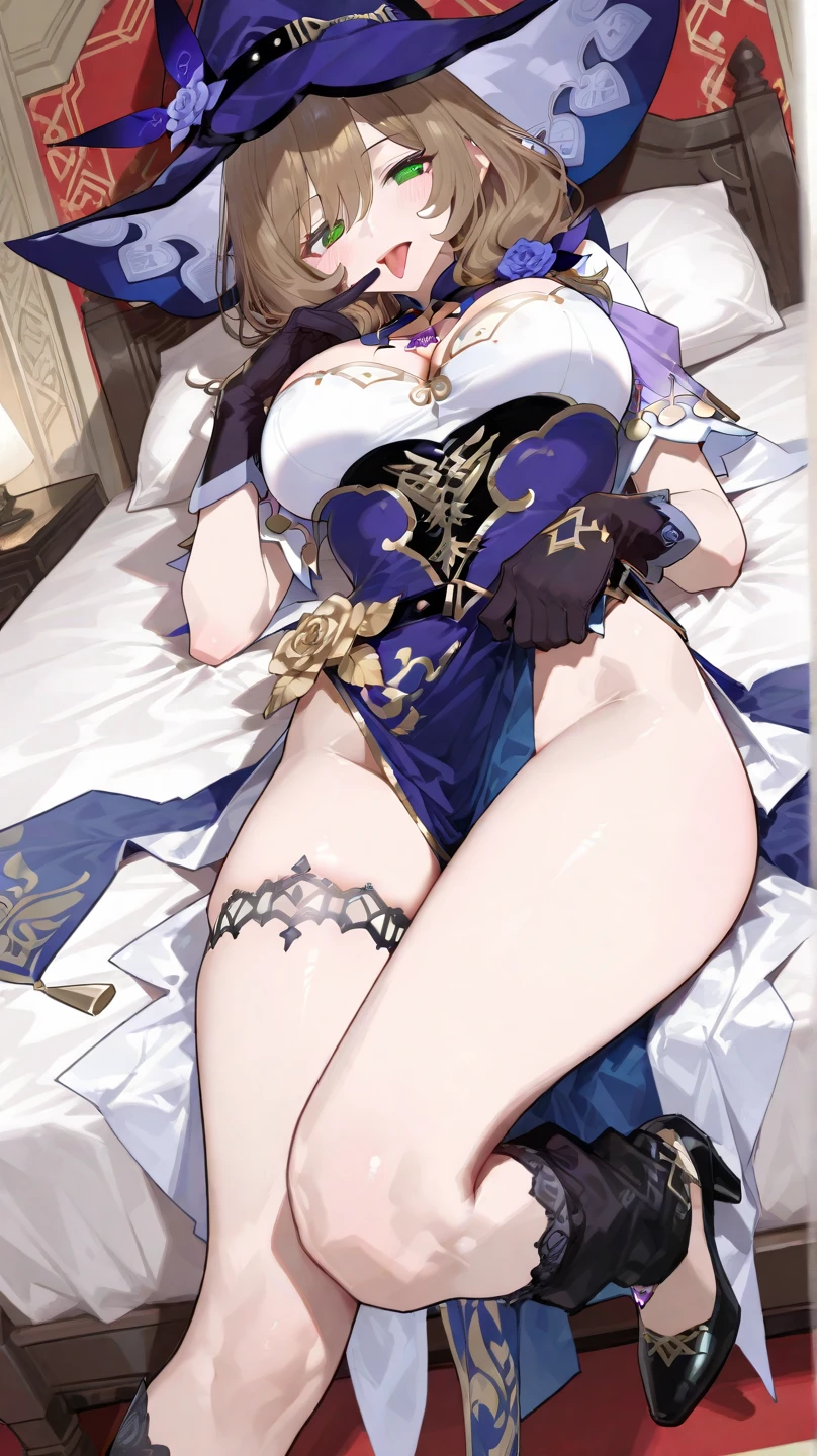 masterpiece, best quality, ShenheV4, 1girl, solo, looking at viewer, blush, hair ornament, gloves, sitting, braid, hair over one eye, thighs, outdoors, parted lips, sky, black gloves, elbow gloves, clothing cutout, bodysuit, covered navel, night, feet out of frame, tassel, star (sky), night sky, starry sky, gold trim, black bodysuit, hip vent, shoulder cutout, breast curtain, navel, earrings, parted lips, thigh gap, tassel,