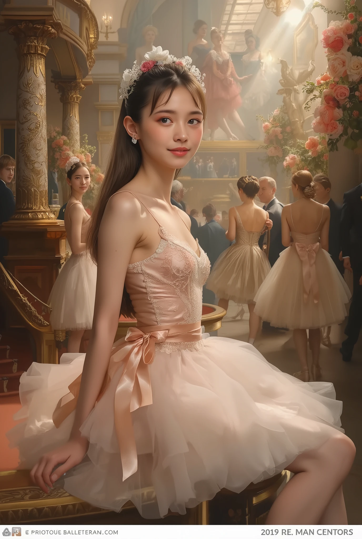 A portrait of a beautiful 18-year-old ballerina in 19th-century France. She has delicate and refined facial features, fair translucent skin, large expressive eyes, and a graceful smile. Wearing a classic ballet tutu made of soft silk and lace, adorned with ribbons and floral decorations. The dress is in light blue or pale pink. She poses elegantly on the side of the stage or in an opulent ballet theater. Oil painting style, inspired by 19th-century Impressionism and Academic art, with soft brushstrokes, warm light, and a romantic atmosphere.