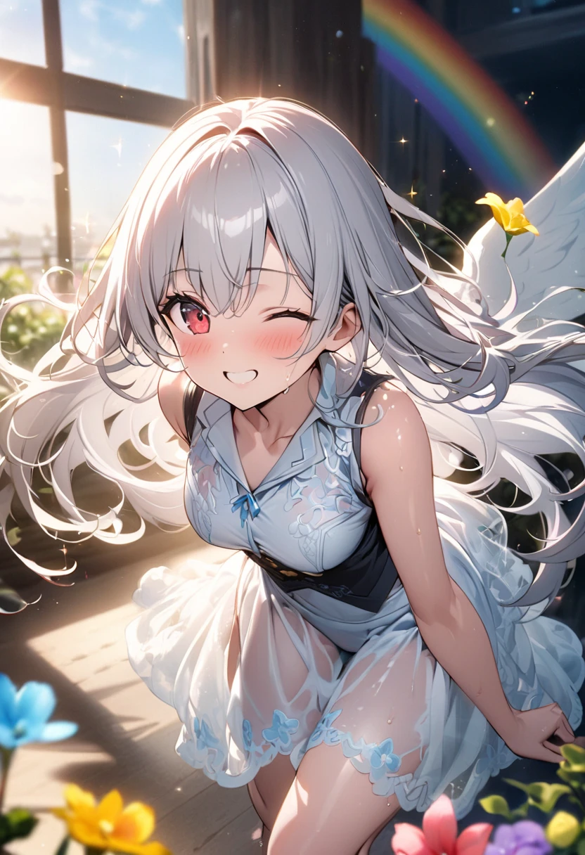 beste Quality、 1 人、sora、Land of Angels、colorful strands of hair、cuddly 、the anime、Sheer white skin、Asian Girls、total body、junior high school student、14歳ines、Quiet child、High Contrast、Tempting、sensual、angelic、Glowing on the back2Angel Wings、A ring that glows horizontally above your head、The top of the head is silver hair and the tips are pink、White attire、seethrough