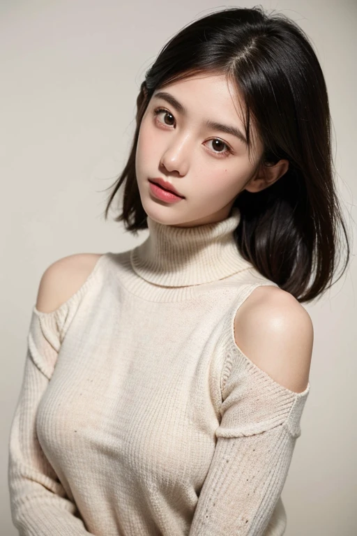 (2 Japanese girl,), (Small breasts:1.5,),(solo,,Textured skin, Detailed skin,Detailed face,Detailed eyes,detailed posing,Natural eyebrows,Sparkling Eyes,High detail, Highest quality, Super detailed, Surrealism, ,8k,RAW Photos,Photographicism,Professional Lighting,Portrait Photography,Soft Light),((Black Hair, Natural Makeup,Simple earrings, Bob Hair,smile,ribbon)),(((White open chest turtleneck,I can see some nipples)))