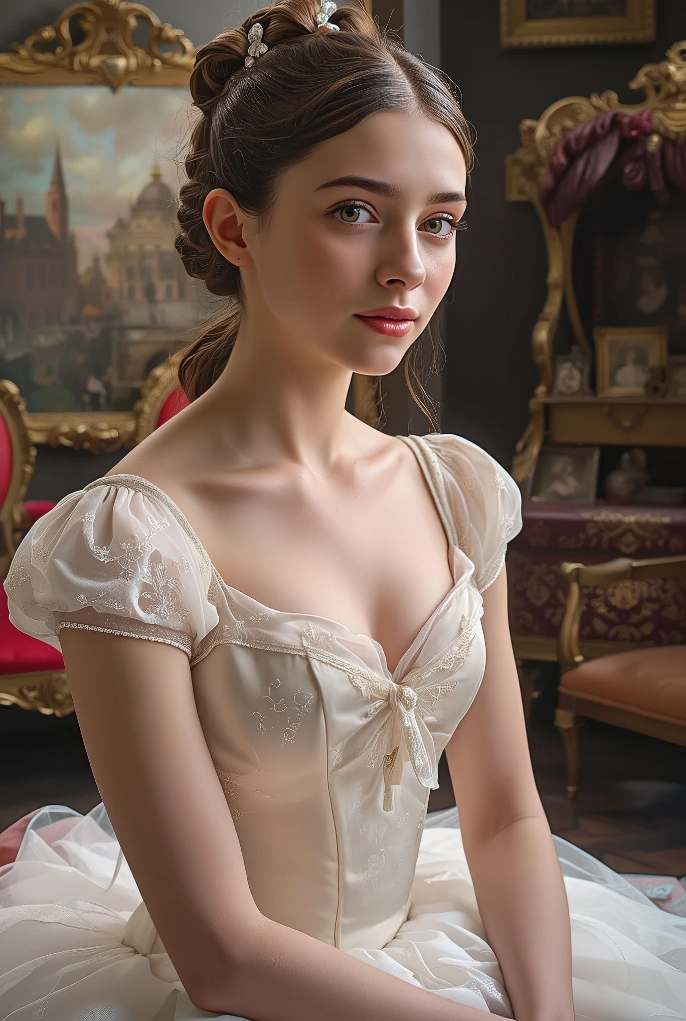 Realistic Portrait of a Beautiful 18 Year Old Ballerina in 19th Century England, Elegant and Delicate Expression, graceful posture, Detailed Clothing Details, Luxury Background, HDR, UHD, detailed oil painting, professional , Clear focus, Physically Based Rendering, extreme details, Vivid Colors, Bokeh