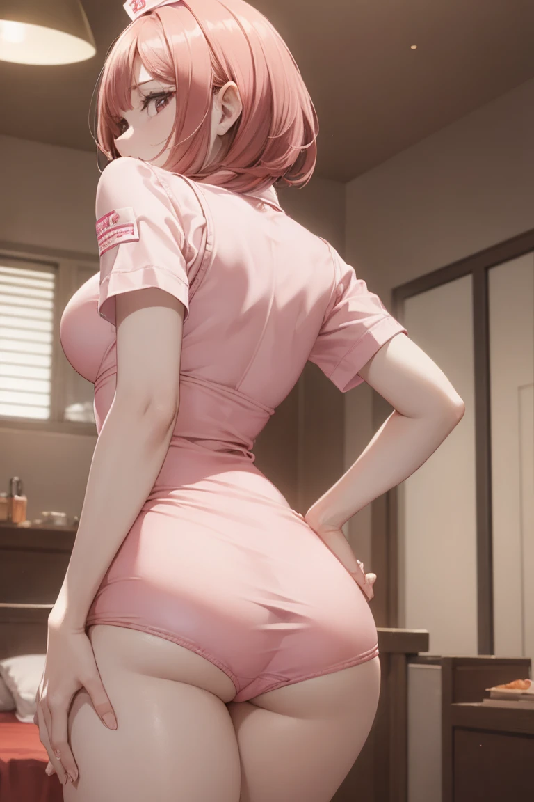 masterpiece,1girl,solo,pink hair,pink gloves,twintail,nurse cap, center_opening,blush,((all fours)),