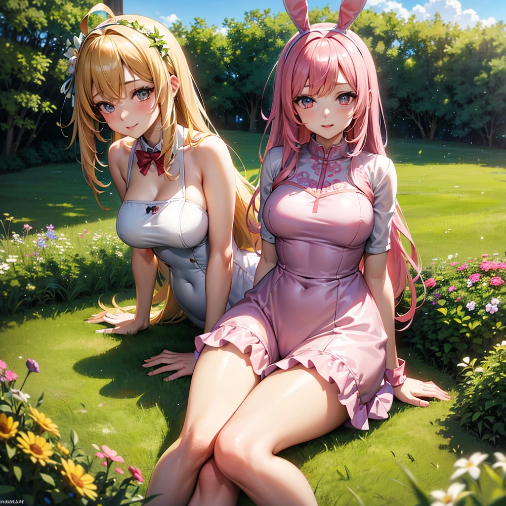 (masterpiece, best quality:1.4), (8K), Young blonde beauty, (((2 short girls in love, 18 years old, neat girl))), detailed blue eyes, long eyelashes, blush, kind smile, horny, upper body, princess zelda dress, small ass, slender thin legs, vagina, pink skirt, ((looking at viewer)), beautiful blonde hair, white-skinned, (bangs:1.3), pigtails, groping, ((open legs)), (medium size breasts), (mushroom forest, celestial forest, beautiful and magnificent pink sunshine, majestic sky), natural light, pastel colors)