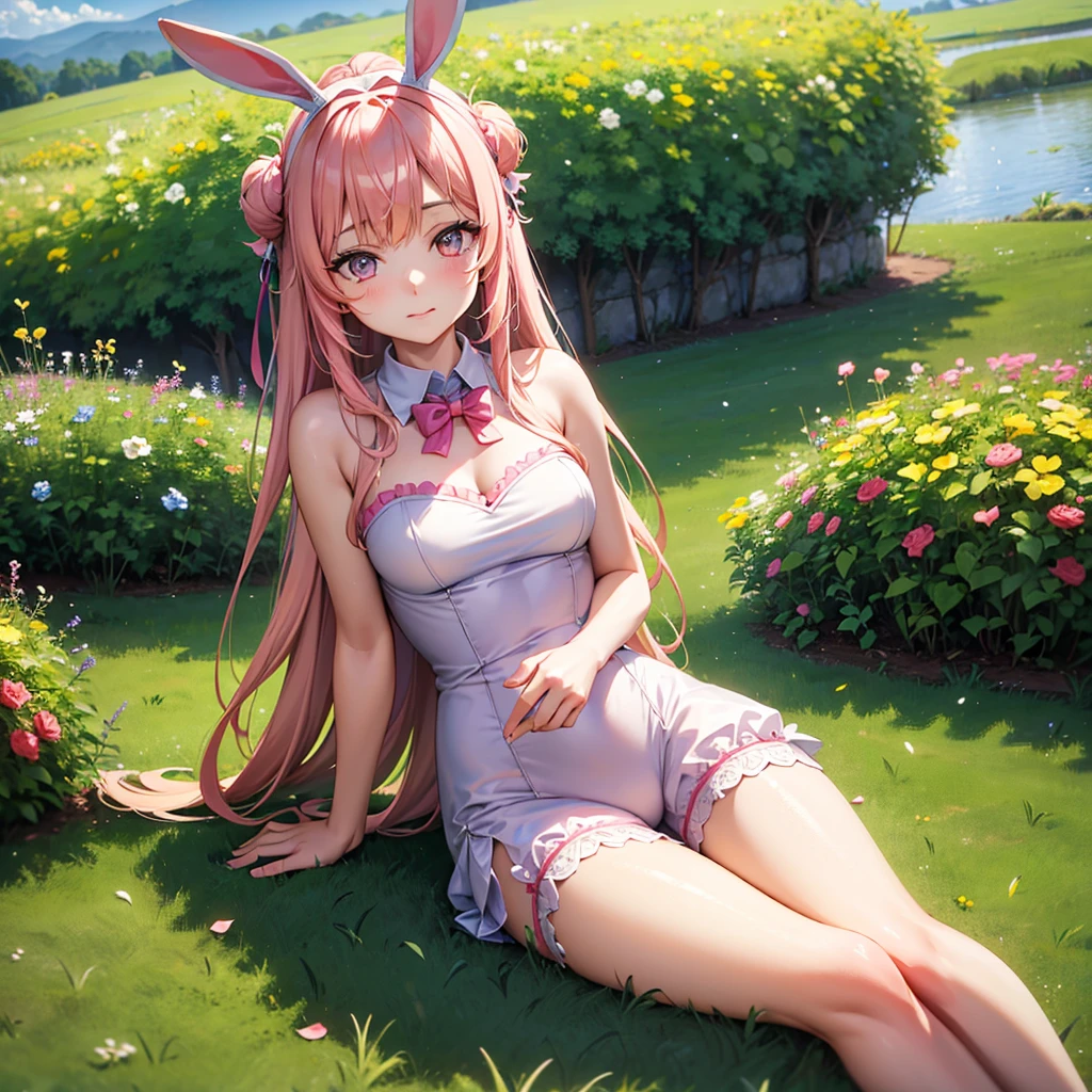 1bunny_girl, solo, bunny head, cute bunny girl with gray hair, blue eyes, wisteria flower background, soft natural light, bunny ears, big tits, naked, full body.