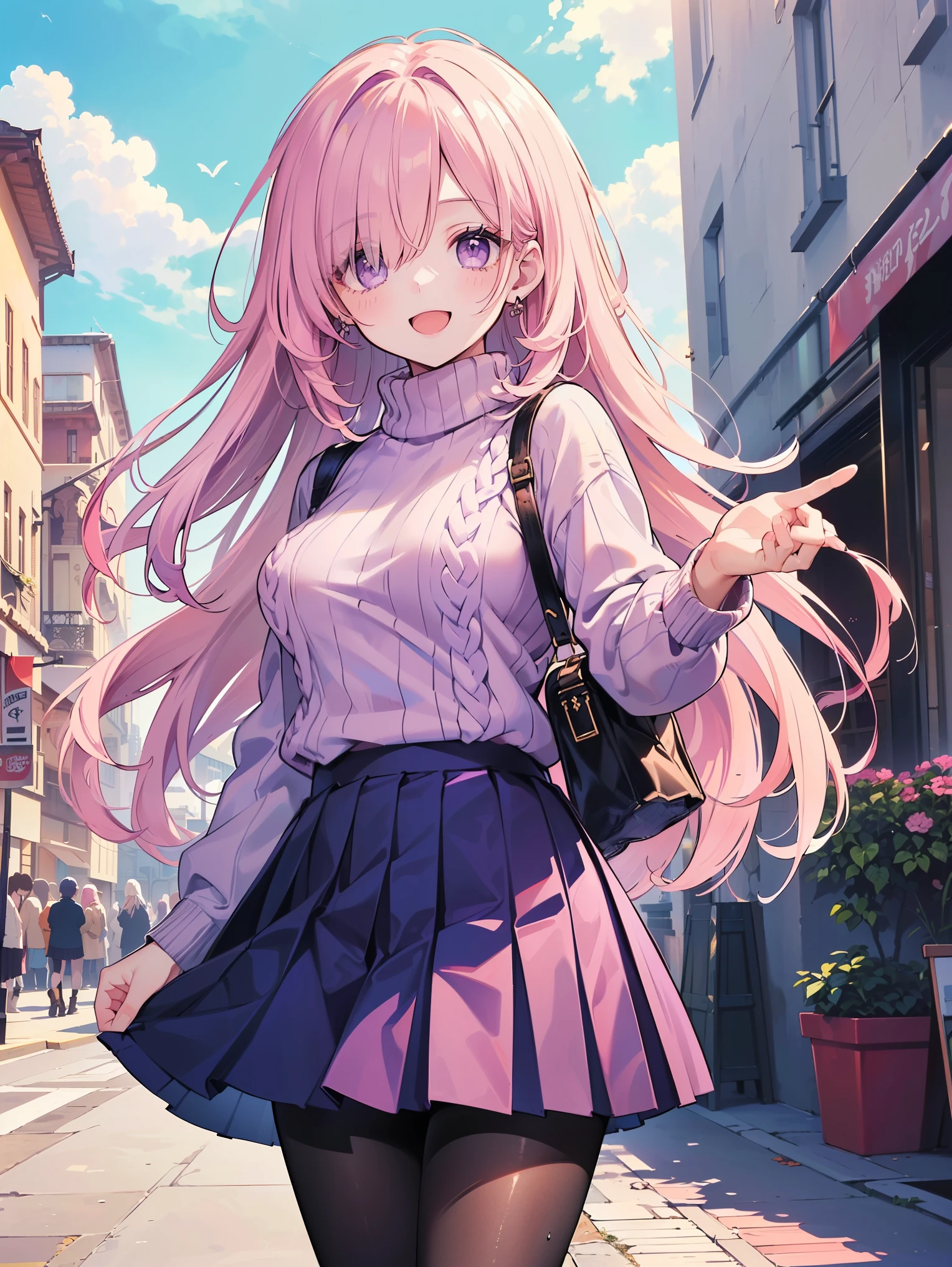 (Masterpiece, Top Quality, Best Quality, Official Art, Beauty and Aesthetics: 1.2), (8000, Best Quality, Masterpiece: 1.2), (((Masterpiece)), (((Best Quality)), (((Extremely Detailed)), Illustration, Who, (Masterpiece, Top Quality, Best Quality, Official Art, Beauty and Aesthetics: 1.2), (8000, Best Quality, Masterpiece: 1.2), 1 Girl, 1 Girl, Pink Hair, Long Hair, JK short skirt, hair on one eye, purple eyes, chiffon lace shirt, sweater, pleated skirt, pantyhose, smiling, looking at the audience, smiling, opening mouth, outdoors,