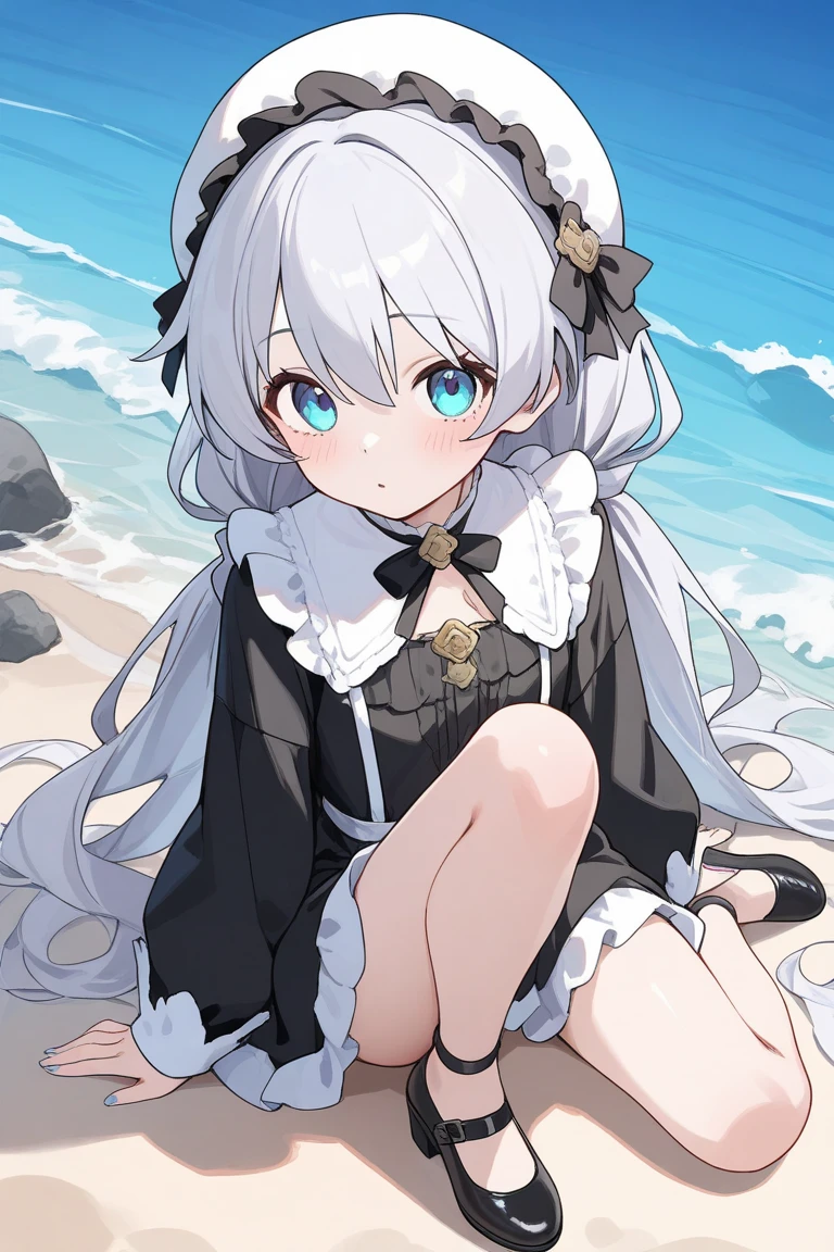 masterpiece((masterpiece)),(White top),((JK miniskirt in black)),(White and transparent),cute,Very shy,(Long Yellow)hair,Red bow tie,Long Row,(At the beach),(Facing the sea),Open belly button,No shoes,(stand up),(Sailor suit)
