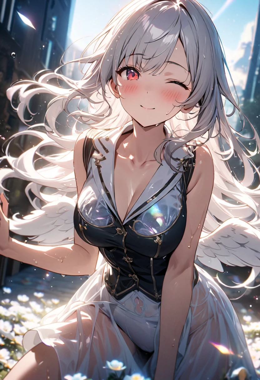 best quality:1.4, very huge eyes, 1girl, angel, angel_wings, bare_shoulders, blue_eyes, breasts, dress, feathered_wings, holding, long_hair, looking_at_viewer, ribbon, silver_hair, smile, solo, staff, twintails, white_dress, wings