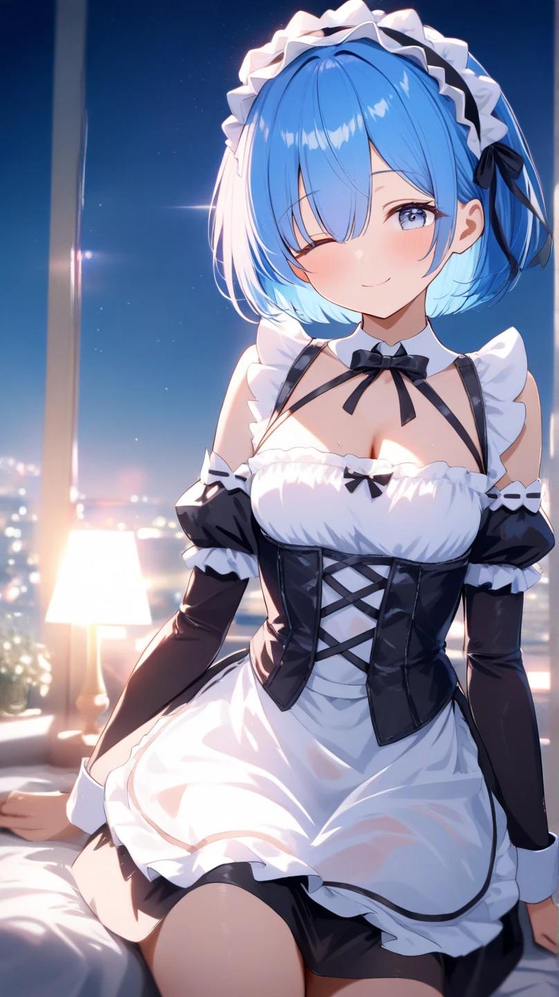 Rem from Re:Zero、light blue hair、short hair、table top、High resolution、many girls multiple girls、large crowd、lots of cute girls、big and full breasts、naughty body、See-through、throw、、whole body、Are standing、Look up at me、confused face、blush、embarrassing、Excited、white breath、black pantyhose、female shape'Private parts are clearly visible、I can see your nipples、BAR、bar counter、Many people々々々々、in the crowd、bare chest、show your chest、Upper grade、A lot of milk comes out from the nipples、Breast milk gushes from the nipple、Bunny girl、gossiper、rabbit ears、Leotard figure、Bangs that cover one eye、pink hairpin、sit on the bed、black high heels、open your legs、open thighs、emphasize the chest、chest to chest、night viewが見える部屋、night view、