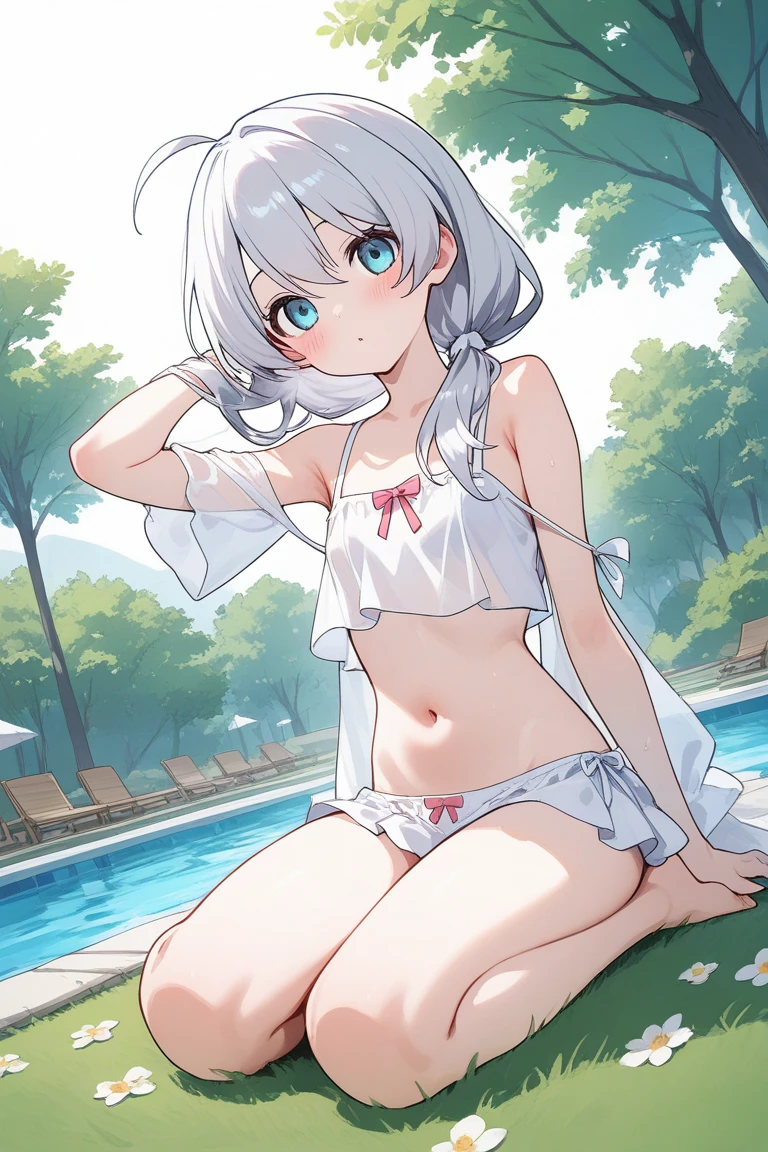 (masterpiece)、(top-quality)、(ultra-detailliert)、14 year old beautiful girl、Goddess bathing、silber hair、Crims、Sheer white lace swimsuit with small area、Shoulders exposed、Cleavage emphasis、Thigh exposure、Springs in the forest、Wet and see-through、Composition looking up from your feet、opening legs、Open thighs