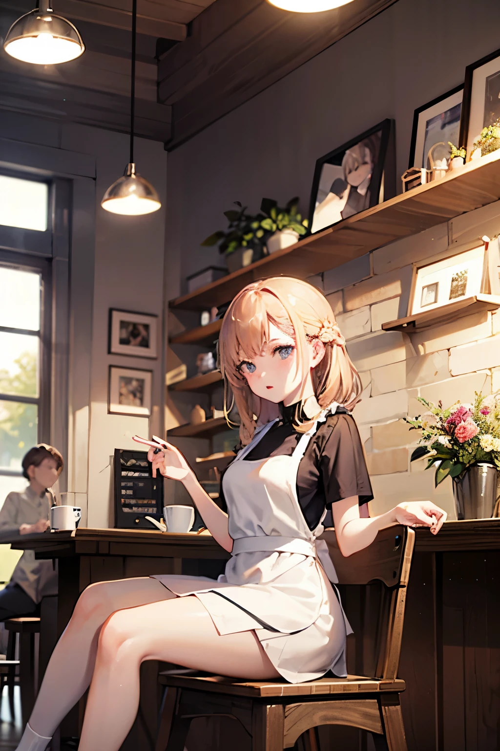 animation、high resolution、high resolution、Woman working in a coffee shop 、miniskirt、early morning、Soft light、retro interior、 beige apron 、