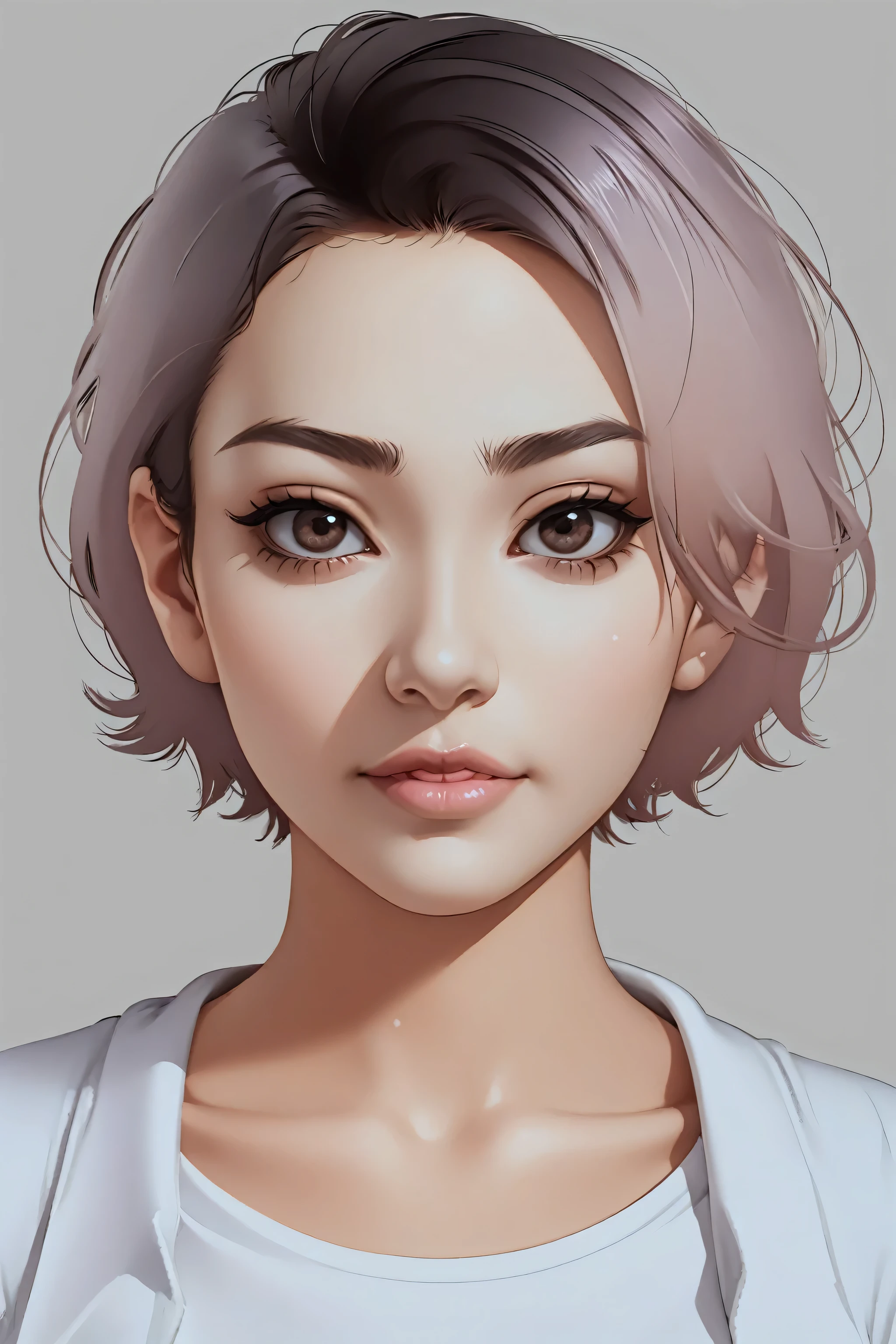 1girl, realistic, solo, grey background, lips, short hair, nose, shirt, asian, collarbone, looking at viewer, simple background, artist name, white shirt